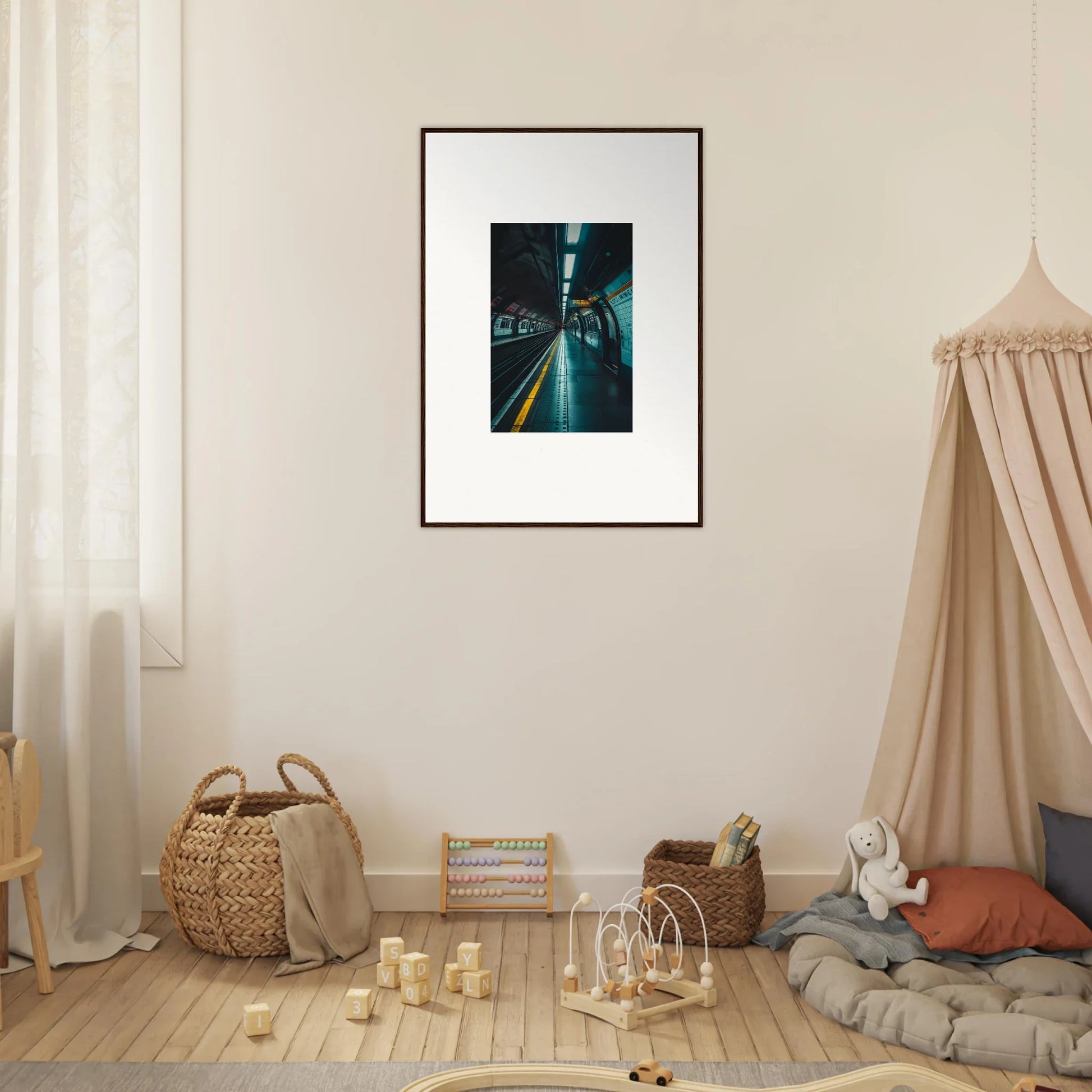 Framed photograph of a dark subway tunnel with turquoise lighting for Portal Echo Anatomy
