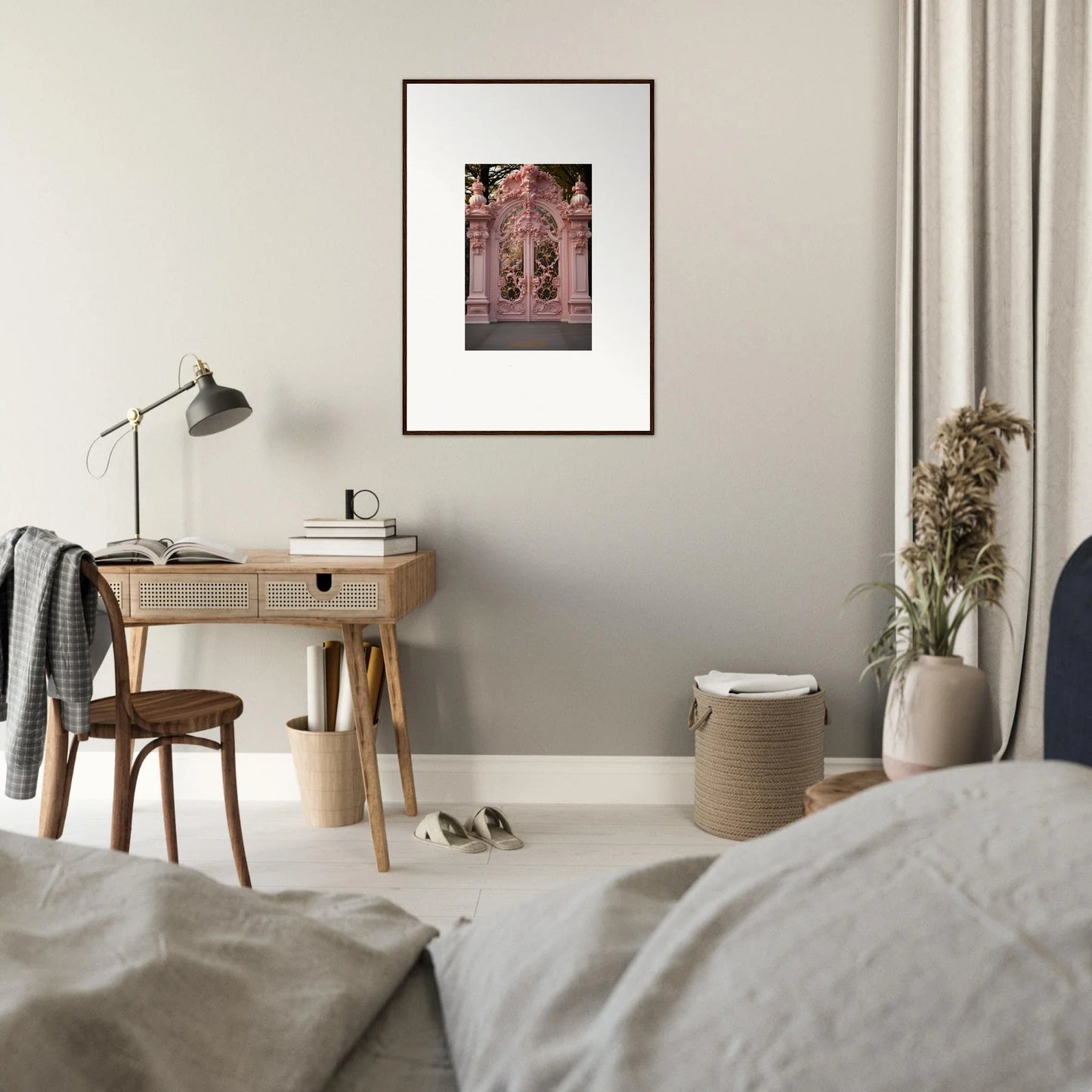 Framed ornate pink doorway on gray wall from Opulent Doorscape Divinity art™
