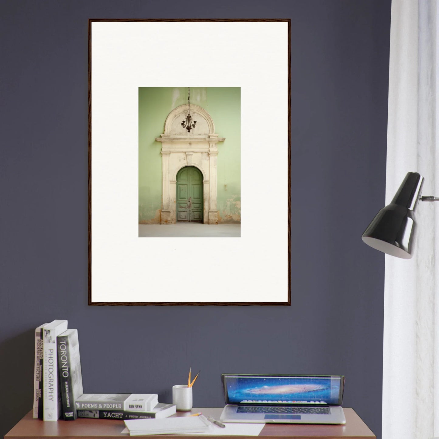 Framed art print of an ornate stone doorway with a green door from Thresholds Quiet Whisper