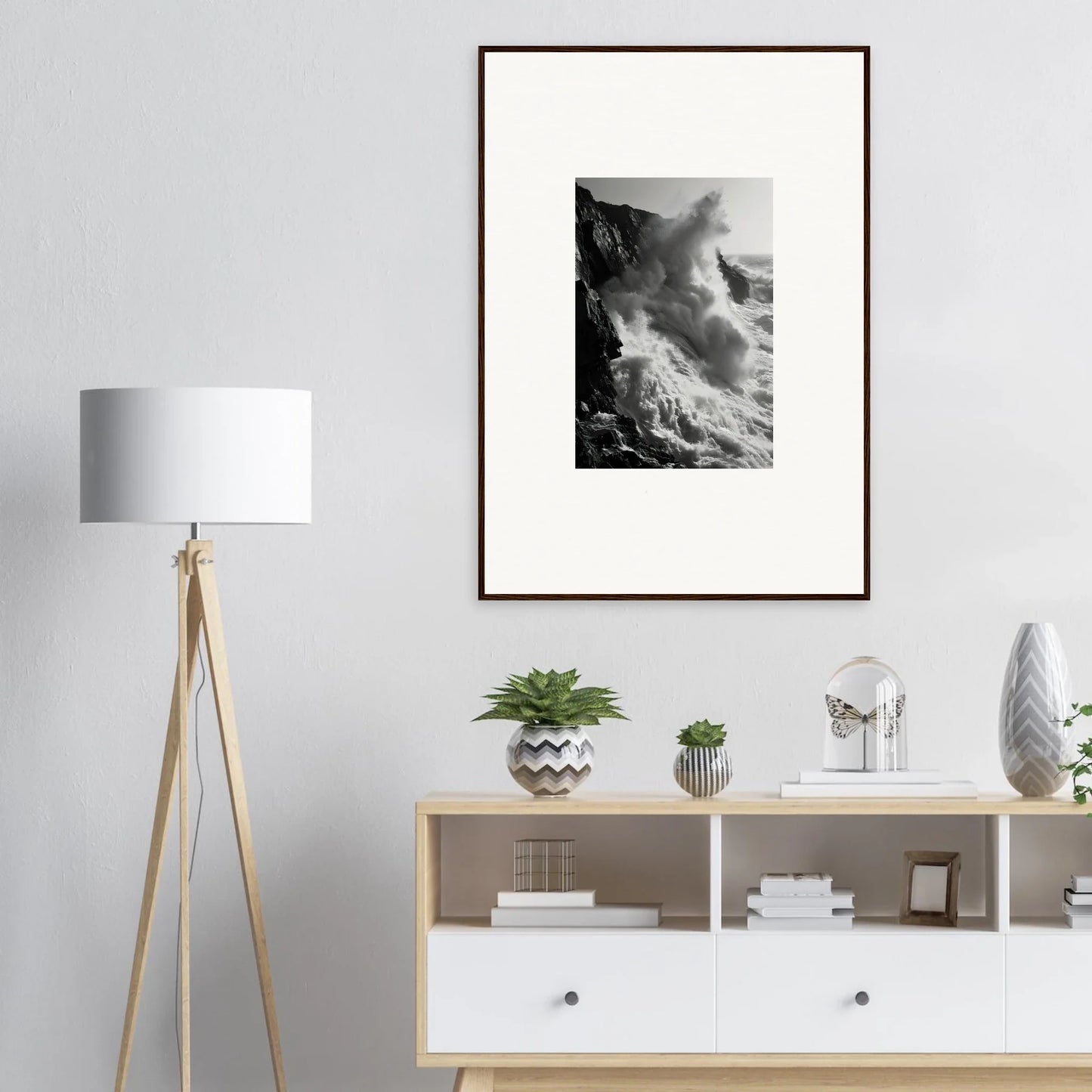 Framed wall art of misty cliffs and waves, part of Ephemeral Echoes Surge collection