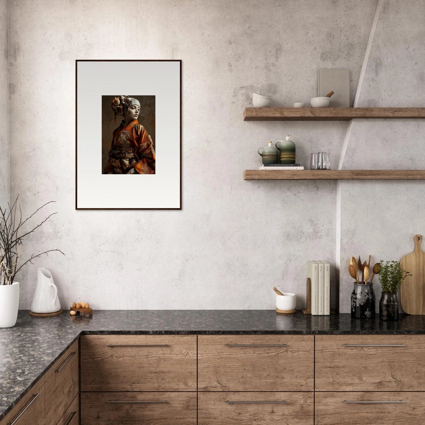 Framed portrait of a person in an orange robe, perfect for room decoration wall art