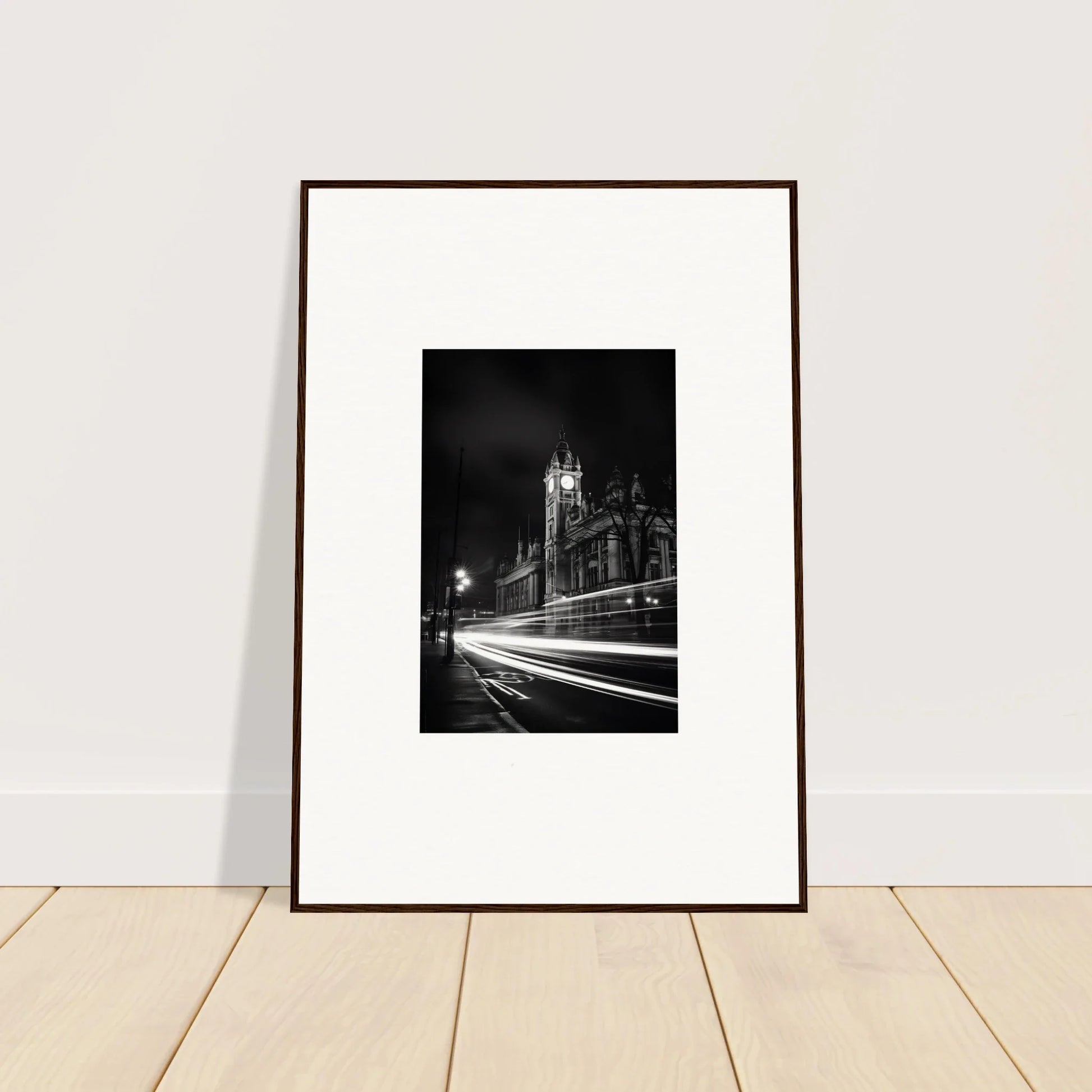 Framed black and white photo of night light trails for Temporal Phantasm Glide art