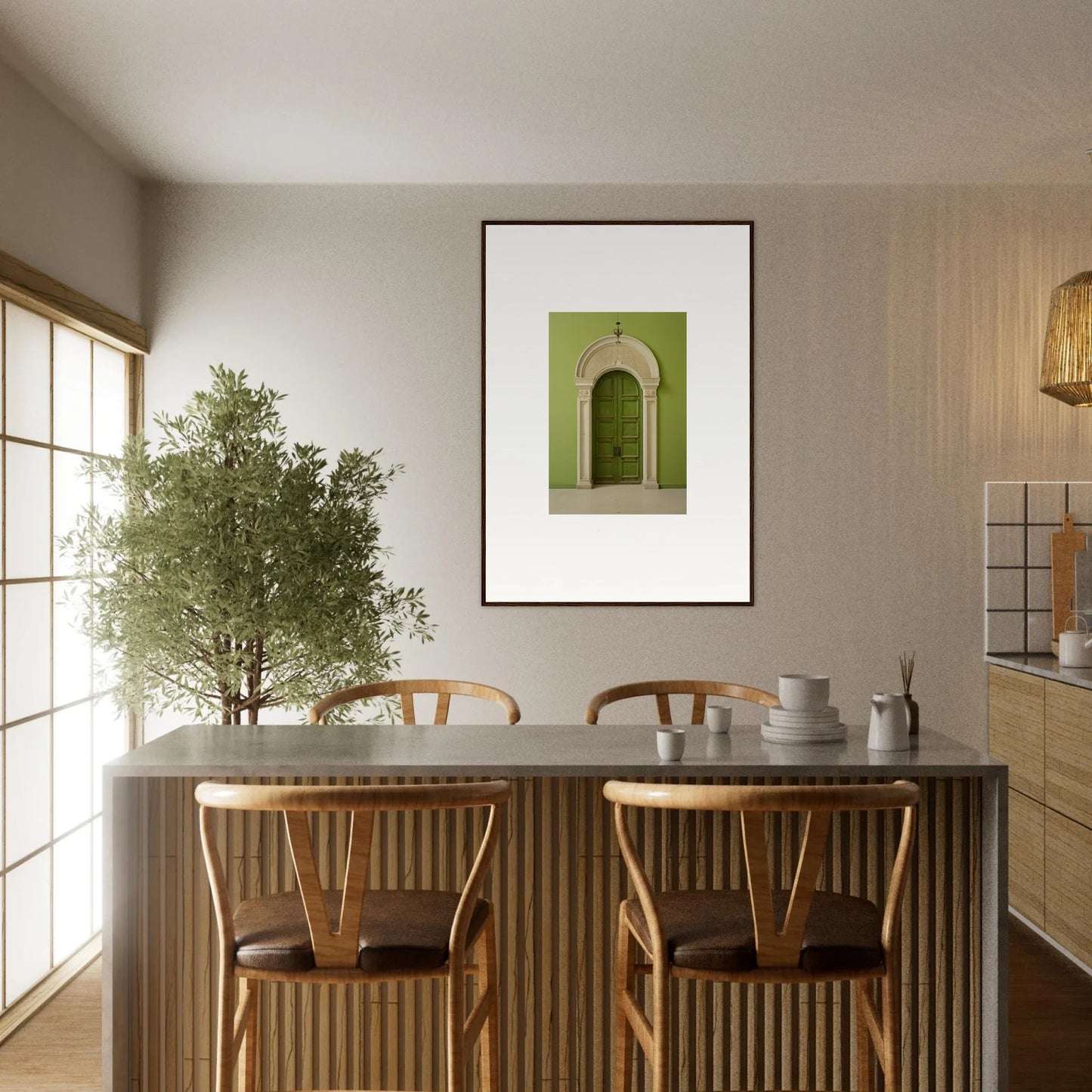 Minimalist dining table with wooden chairs and a potted olive tree in Verdant Luminary Portal