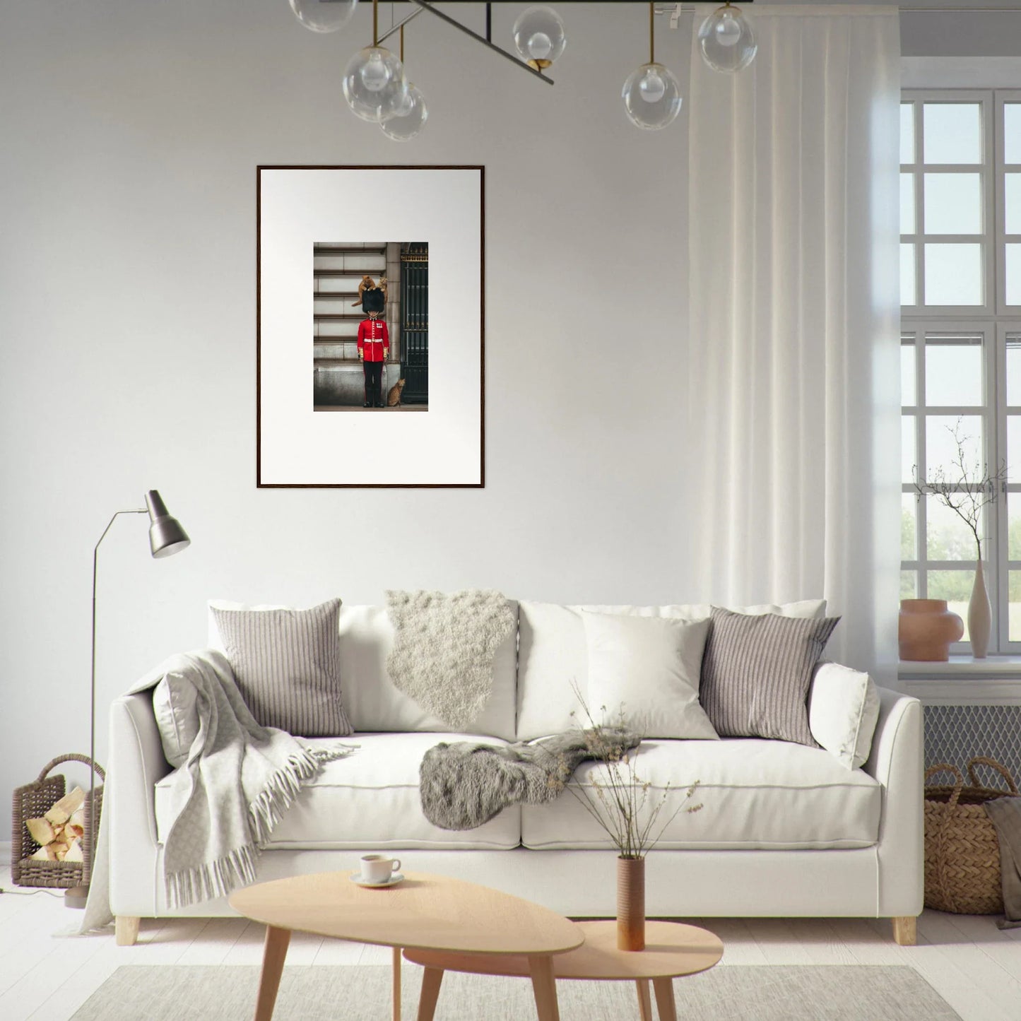 Cozy white sofa with gray and cream pillows in Sensational Sentinels’ Playground setting