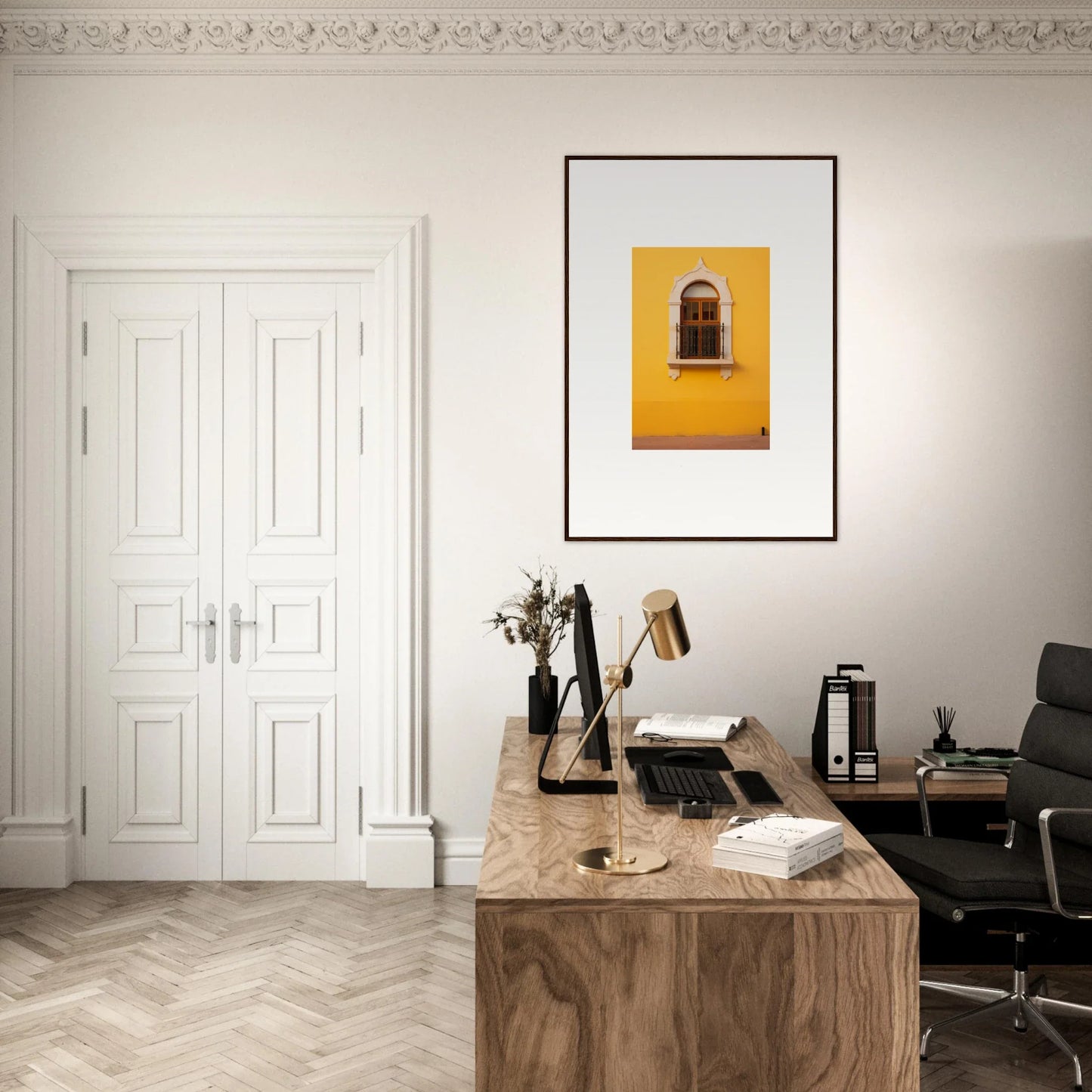 Wooden desk with vintage typewriter and office supplies for Golden Portal Reverie art