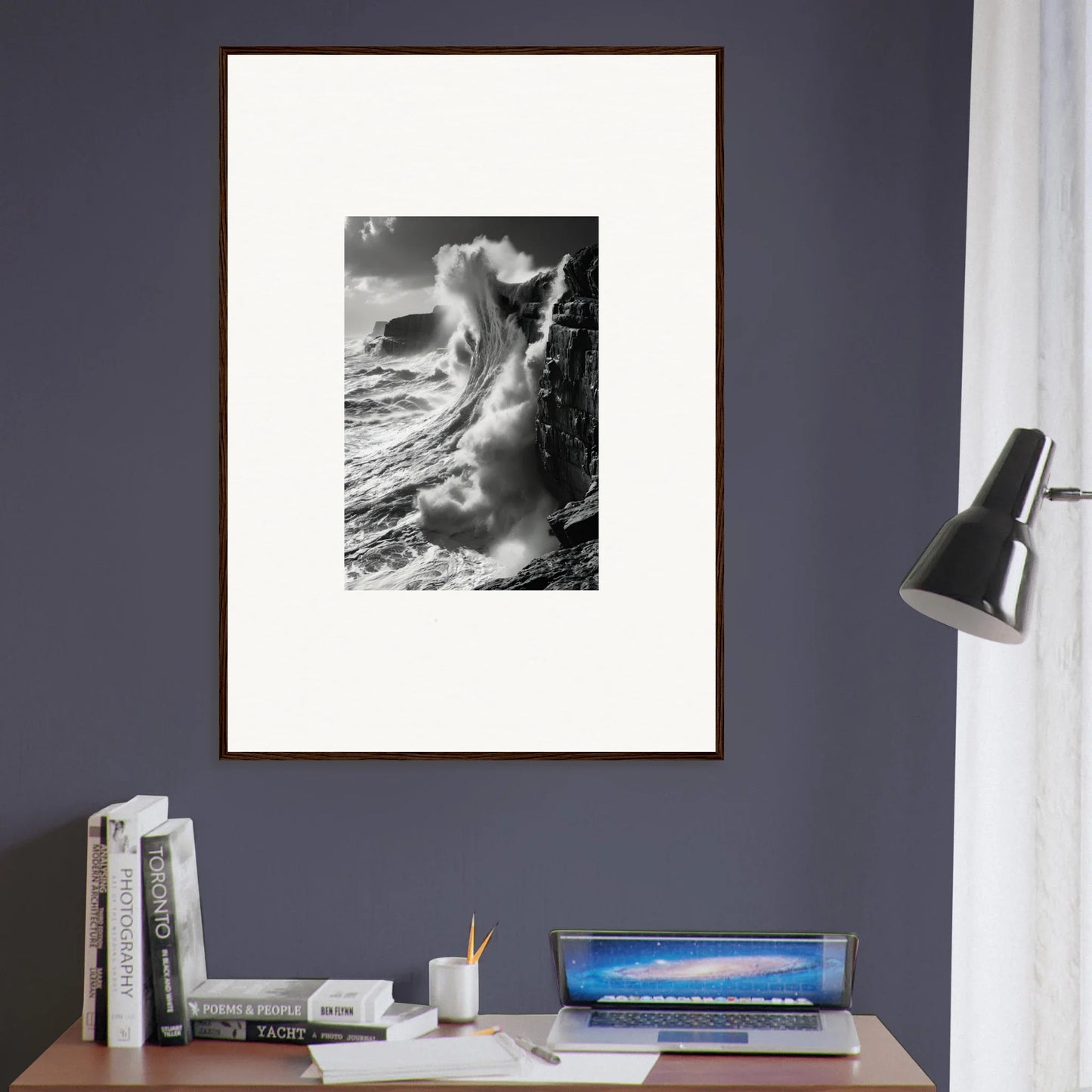 Framed black and white photo of a crashing wave, Tidal Curved Reality art piece