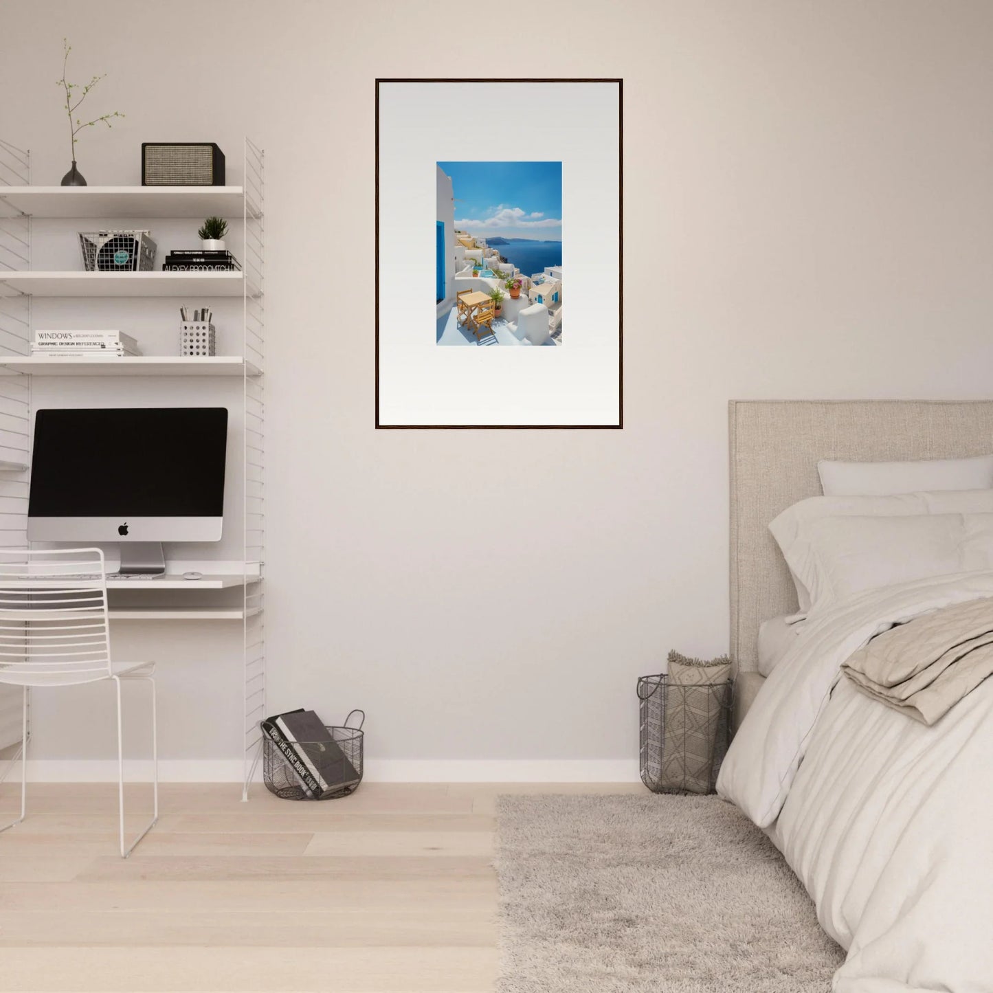 Framed poster of Santorini’s white buildings and blue domes in Dream-Touched Odyssey