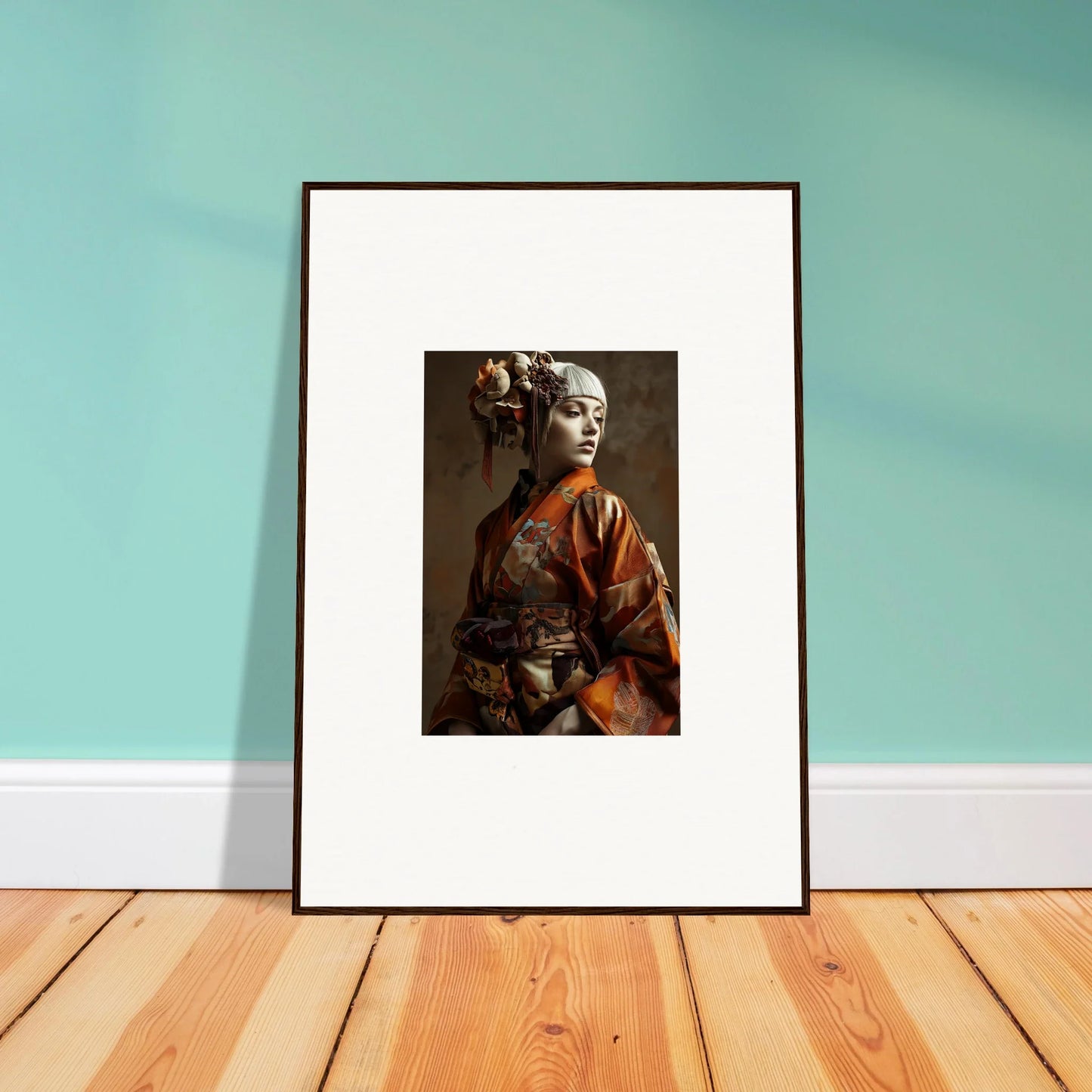 Framed portrait of a person in a vibrant orange kimono, perfect wall art for room decoration