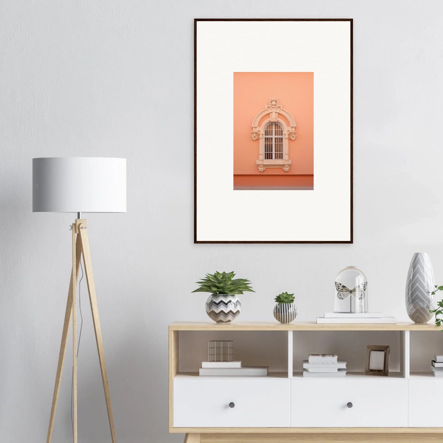 Framed art print of an arched window on a peachy-pink wall from Opulent Dualities Neoclassical