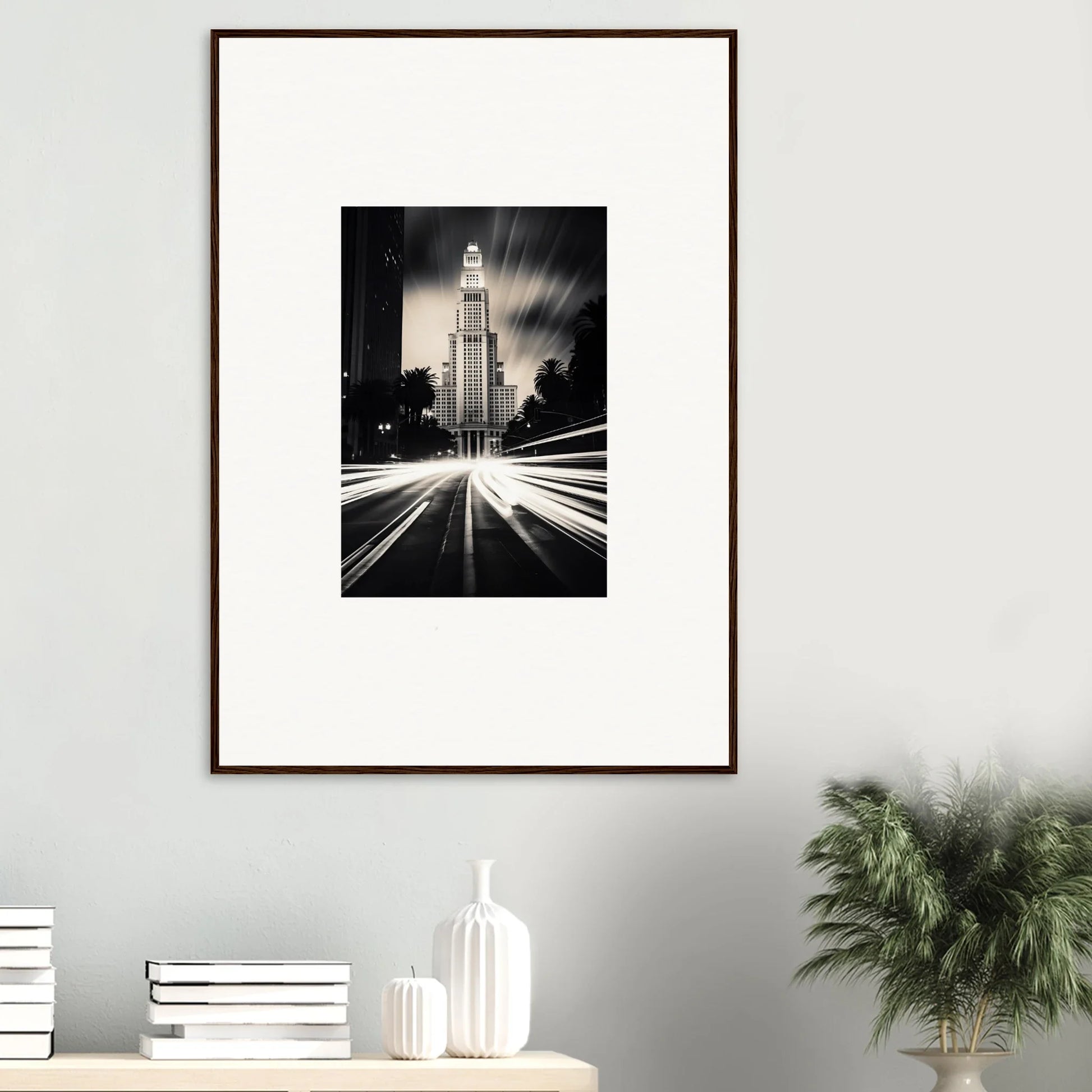 Black and white framed photo of Los Angeles City Hall with light trails for Luminescent Metropolis Beacon