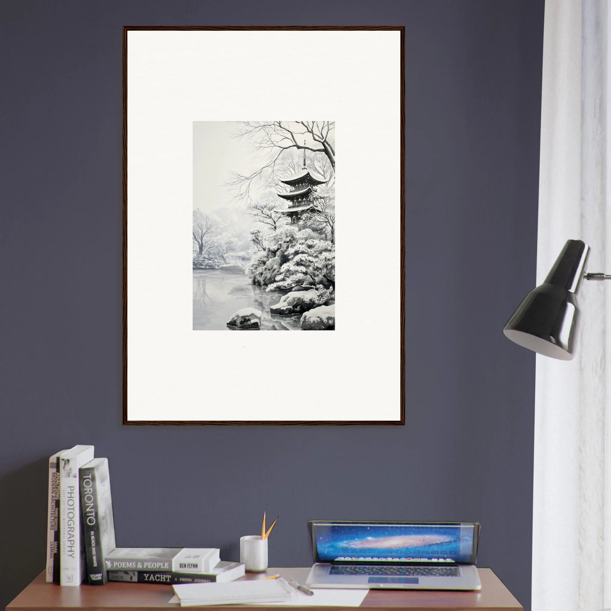 Framed wall art of a snowy Japanese pagoda in Crystallized Blossom Oasis style