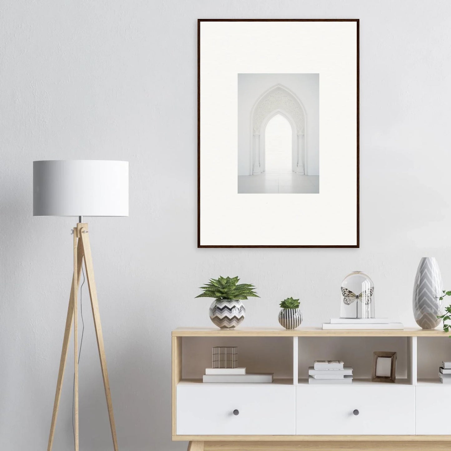 Modern wooden media console with white drawers and open shelving from Meditative Nova Portal