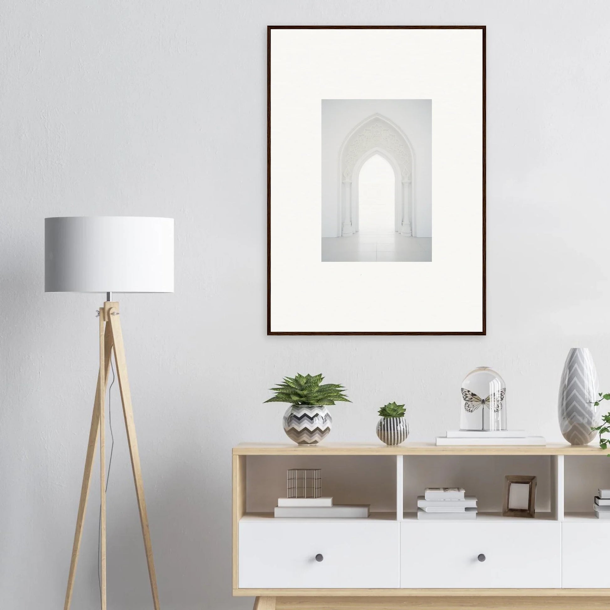 Modern wooden media console with white drawers and open shelving from Meditative Nova Portal