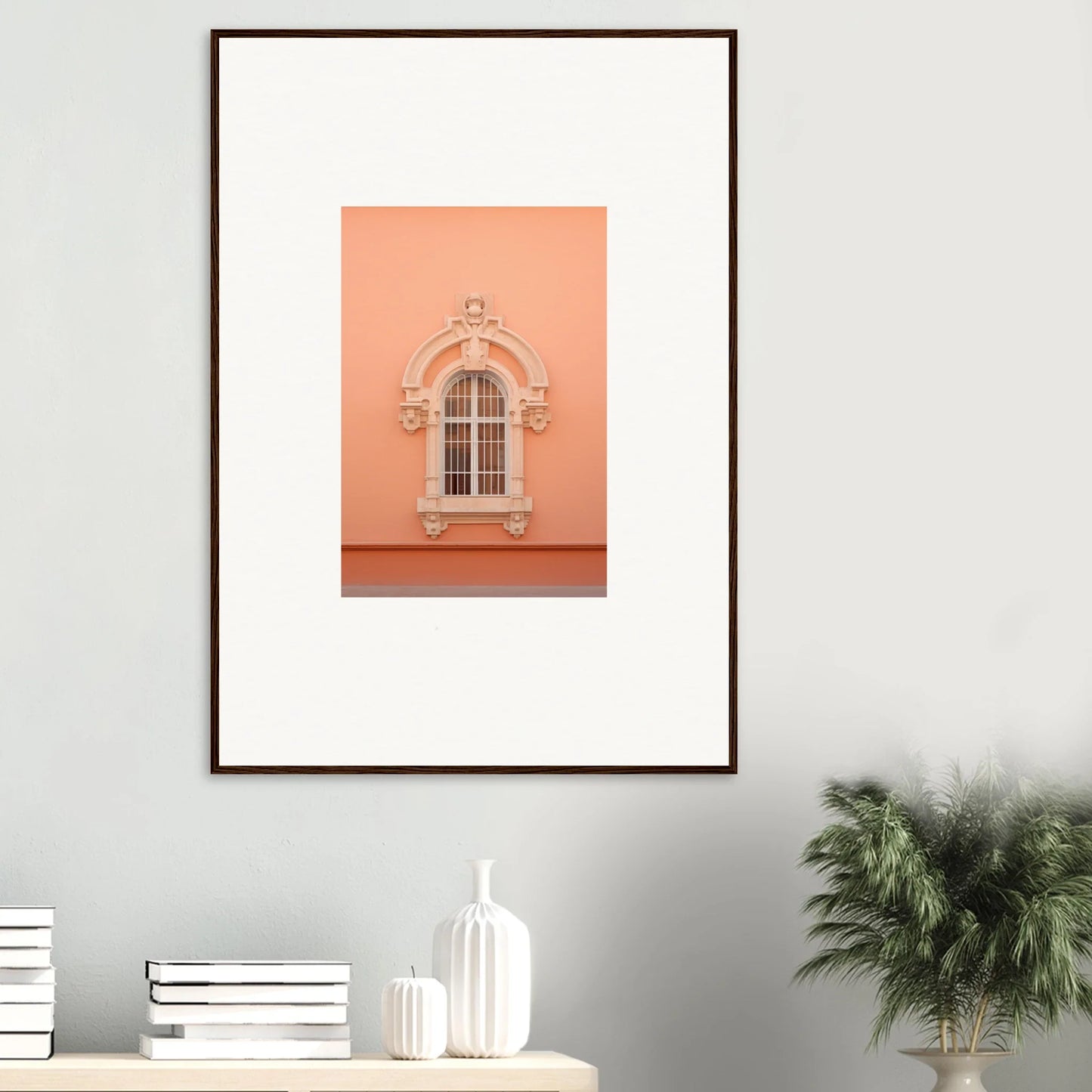 Ornate window with decorative stonework on peach wall in Opulent Dualities Neoclassical