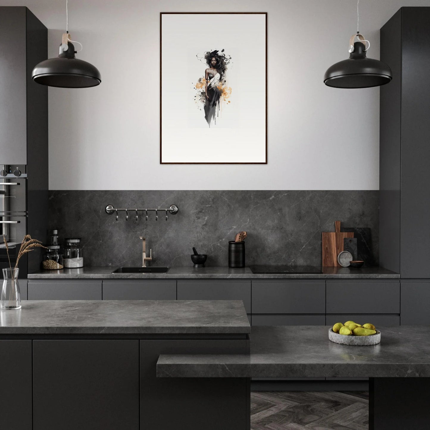 Modern dark gray kitchen showcasing Harlequin Suns Wash framed wall art and minimalist design