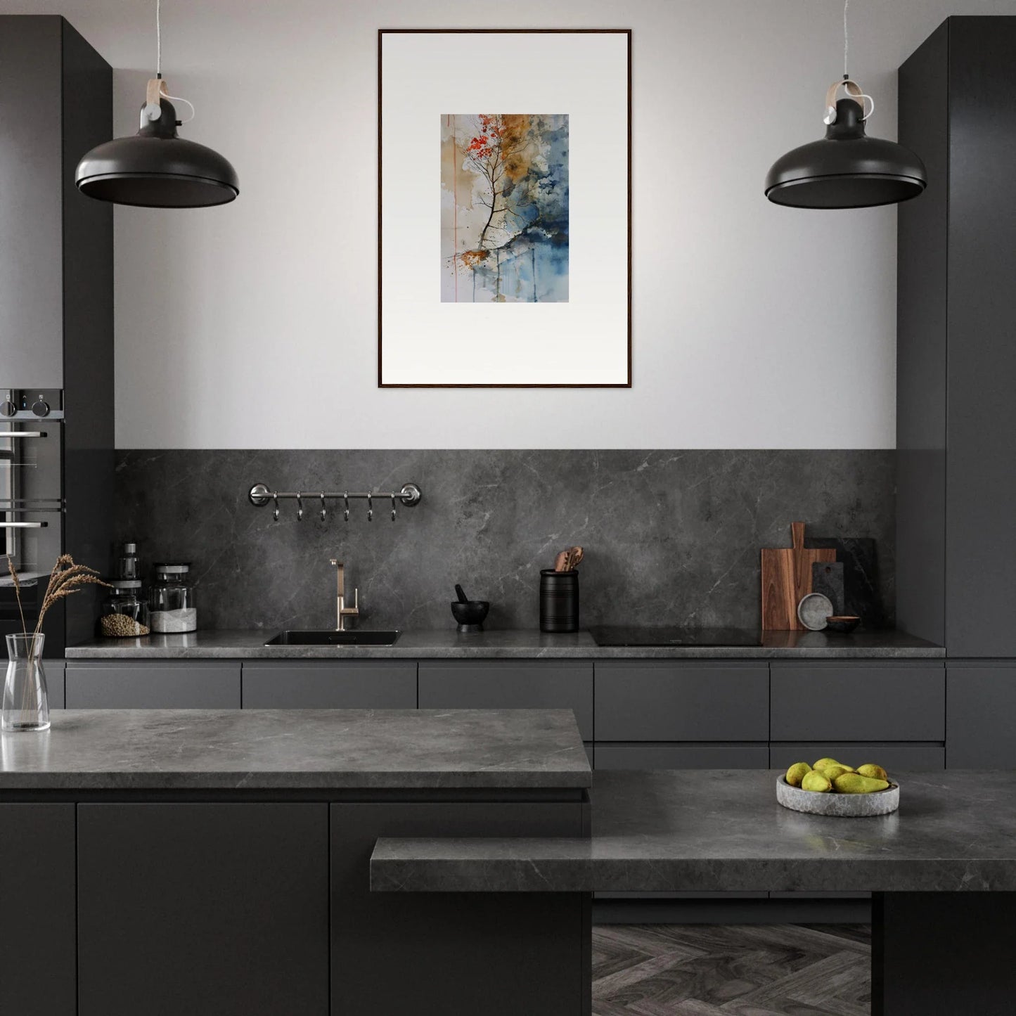 Modern kitchen with dark gray cabinetry and Autumn Echoes wall art for cool room decoration