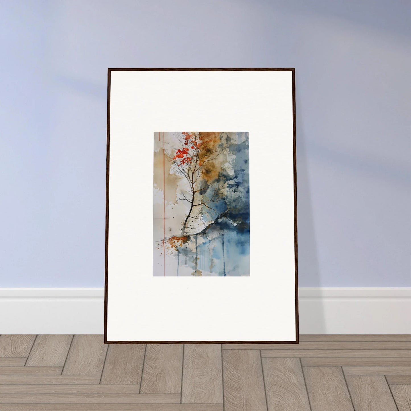 Framed watercolor wall art of red blossom branch for room decoration in Autumn Echoes