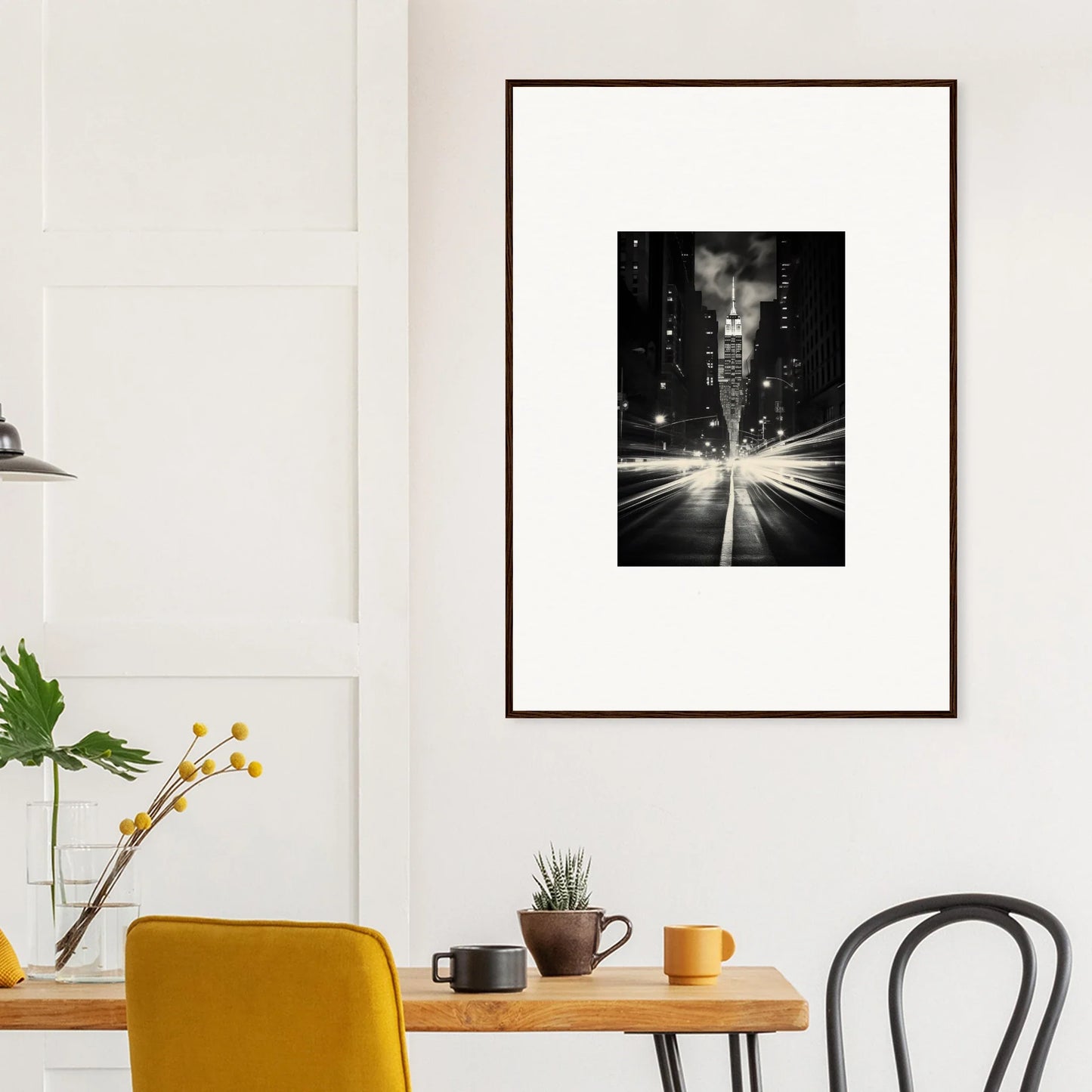 Framed black and white photo of city street lights for Fiery Midnight Towers special edition art™