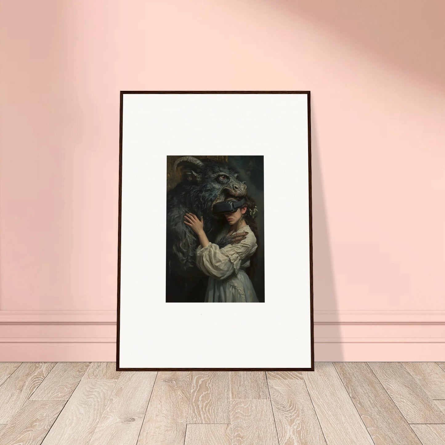 Framed black and white artwork of a figure hugging a dog, a Reality Monster special edition