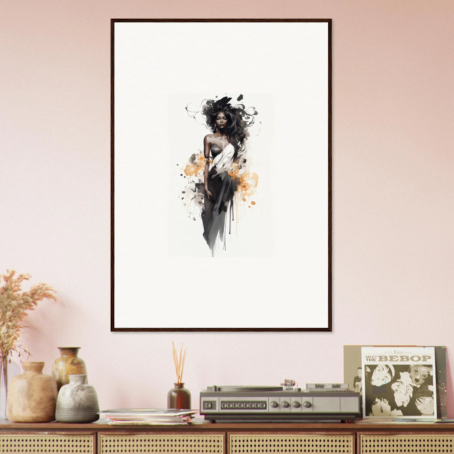 Artistic black and orange watercolor figure in Harlequin Suns Wash special edition art™
