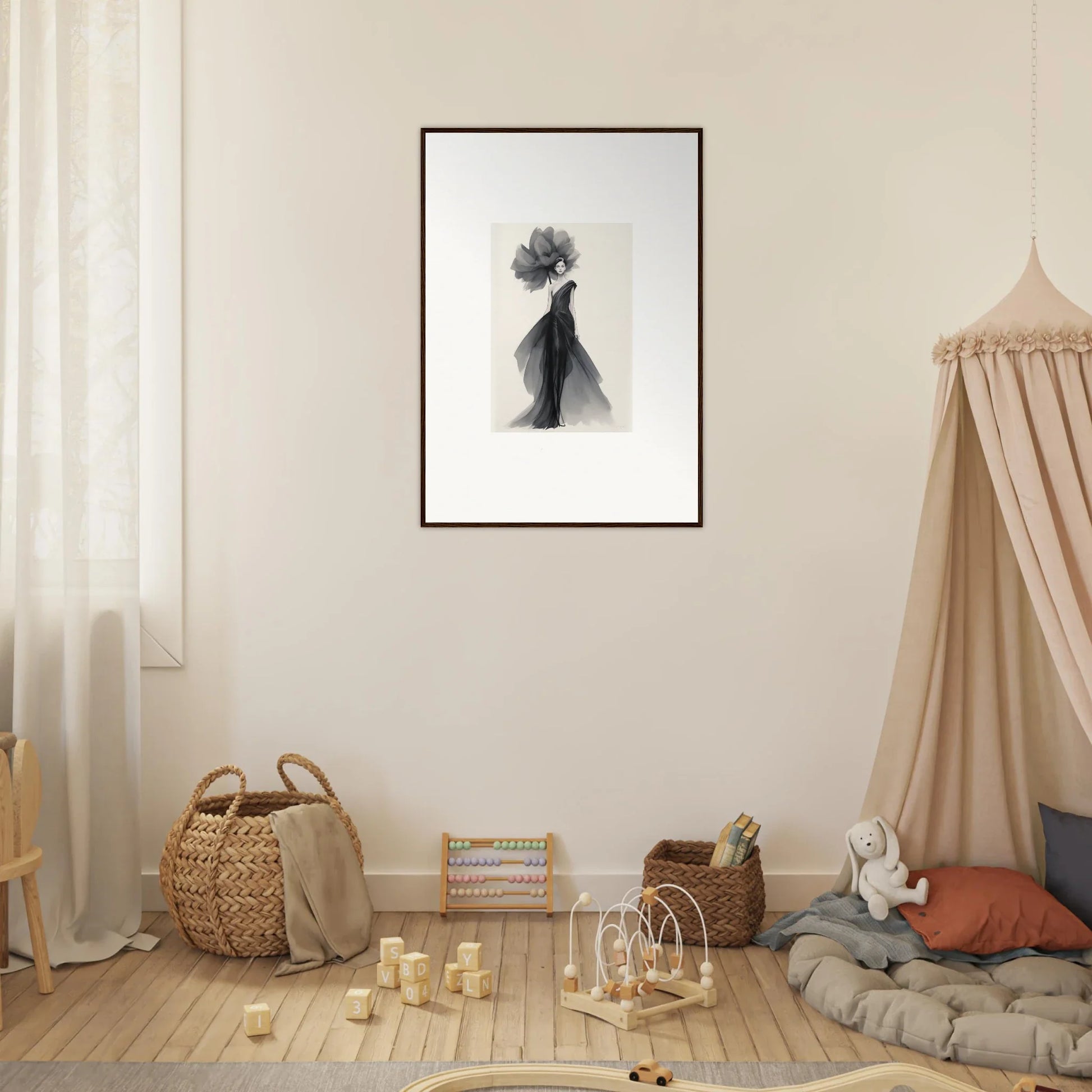 Black and white framed art print of an abstract figure from Curtain Bloom Dance