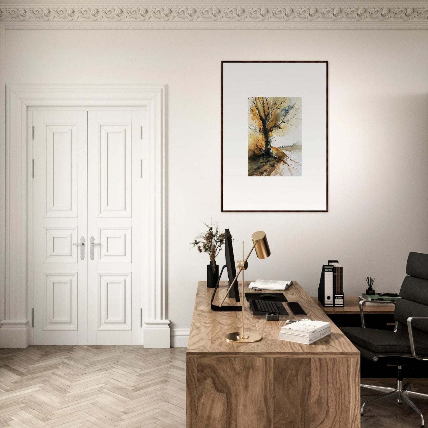 Wooden desk with typewriter and accessories in a minimalist workspace for room decoration