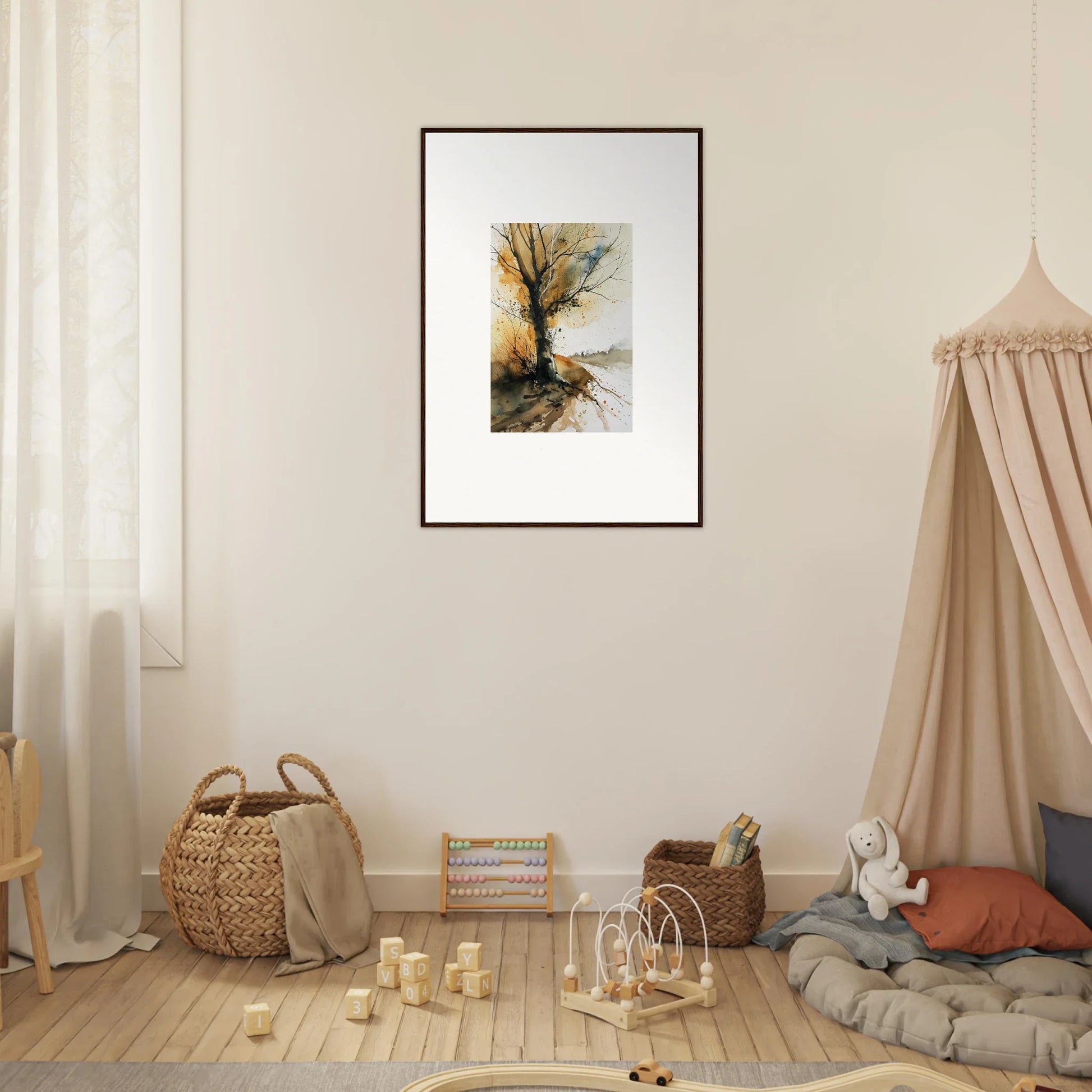 Framed watercolor wall art of an autumn tree by a path for cozy room decoration
