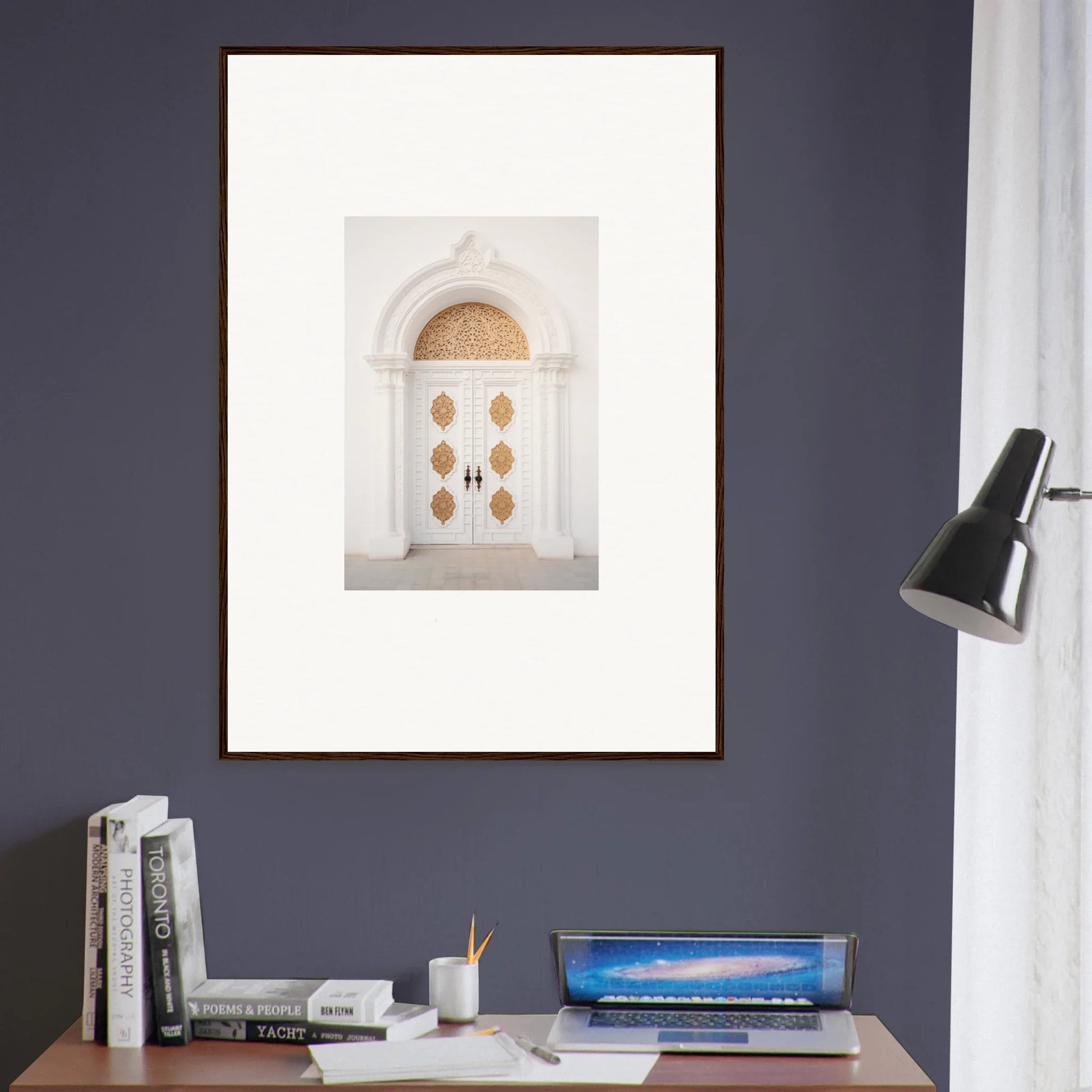 Framed wall art of white arched doorway and gold medallions, Gilded Mirage Passage