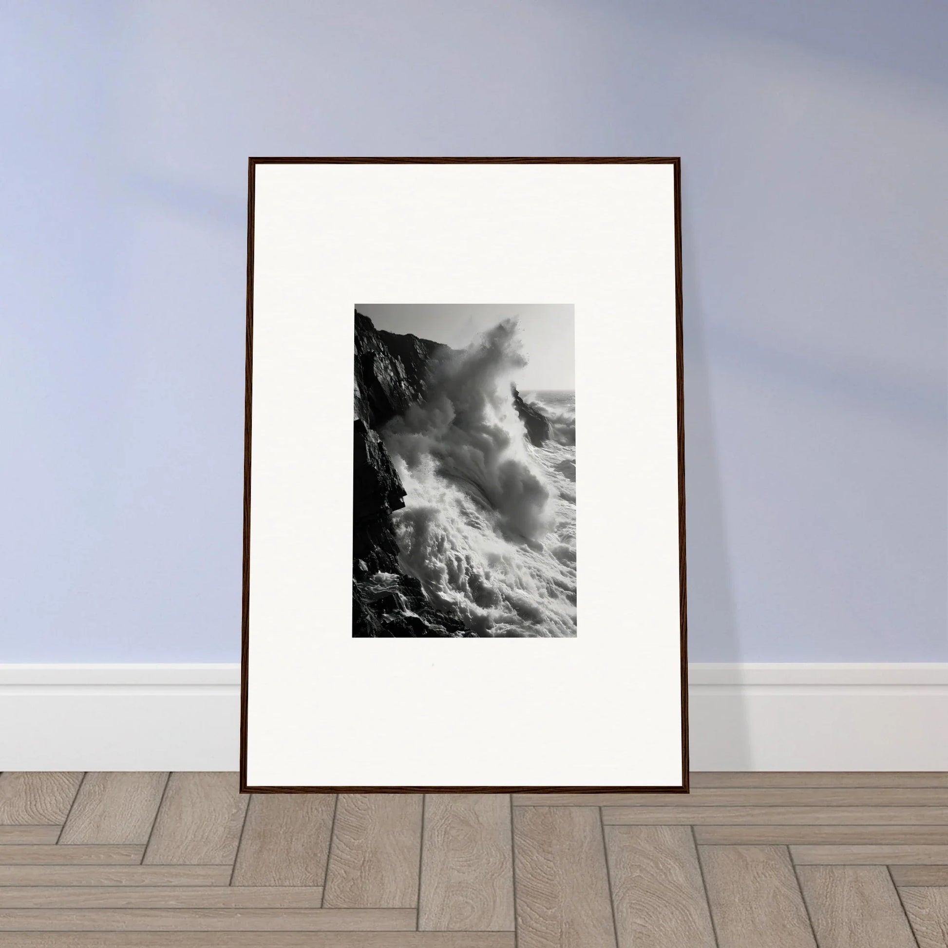 Framed wall art of crashing waves on cliffs, part of Ephemeral Echoes Surge collection
