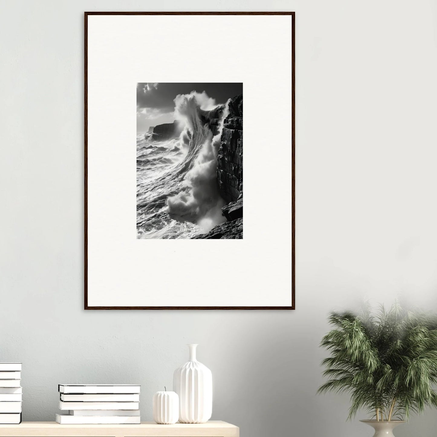 Framed black and white ocean wave photo from Tidal Curved Reality special edition art™