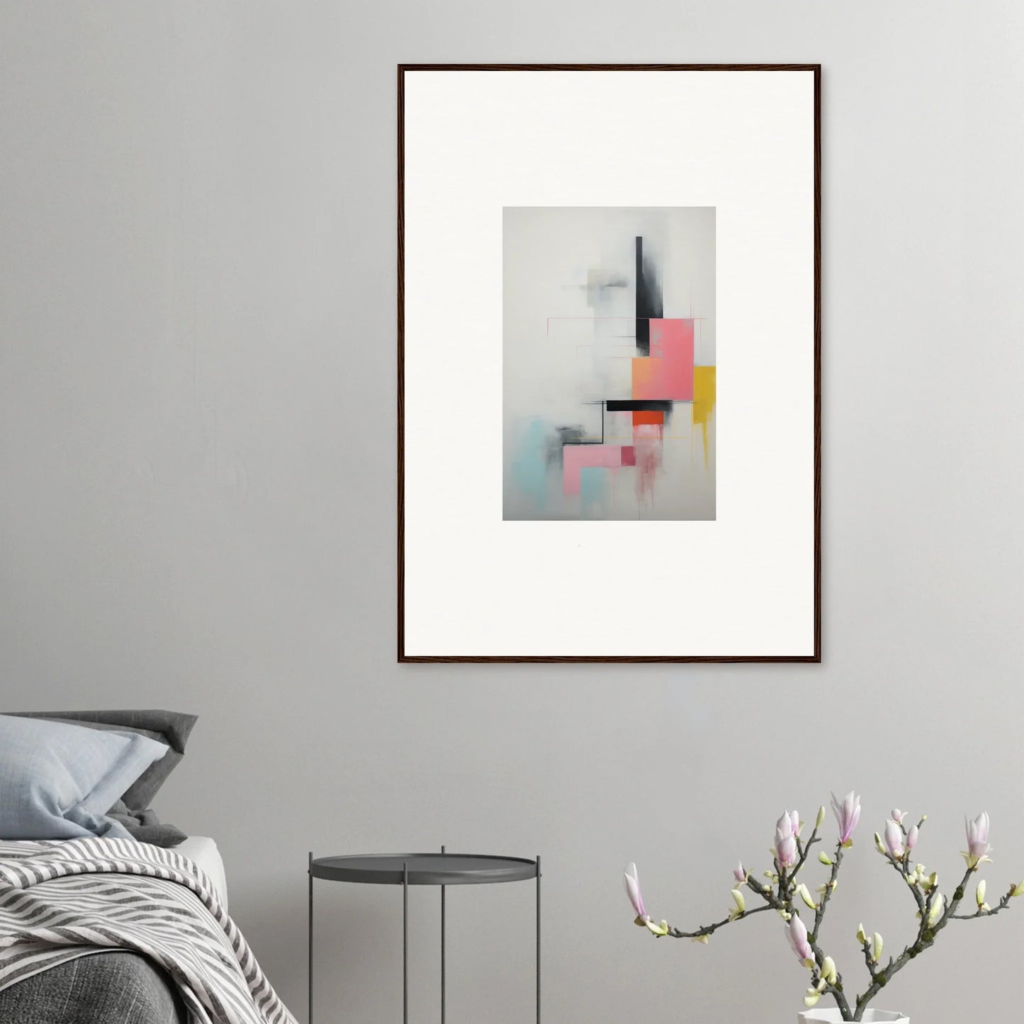 Framed wall art with abstract geometric shapes in pink, yellow, and black for Ethereal Chrome Juxtaposition