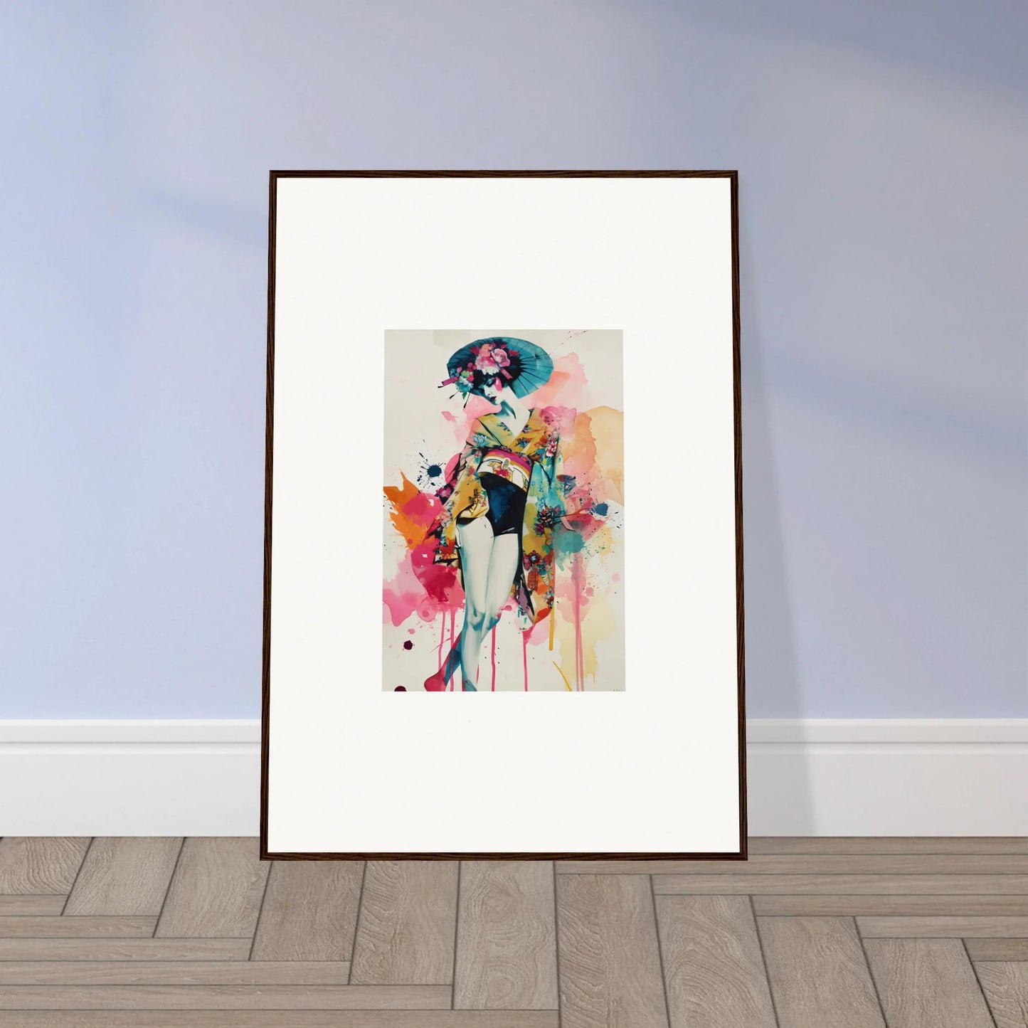 Framed watercolor wall art of a figure with a guitar, perfect for room decoration