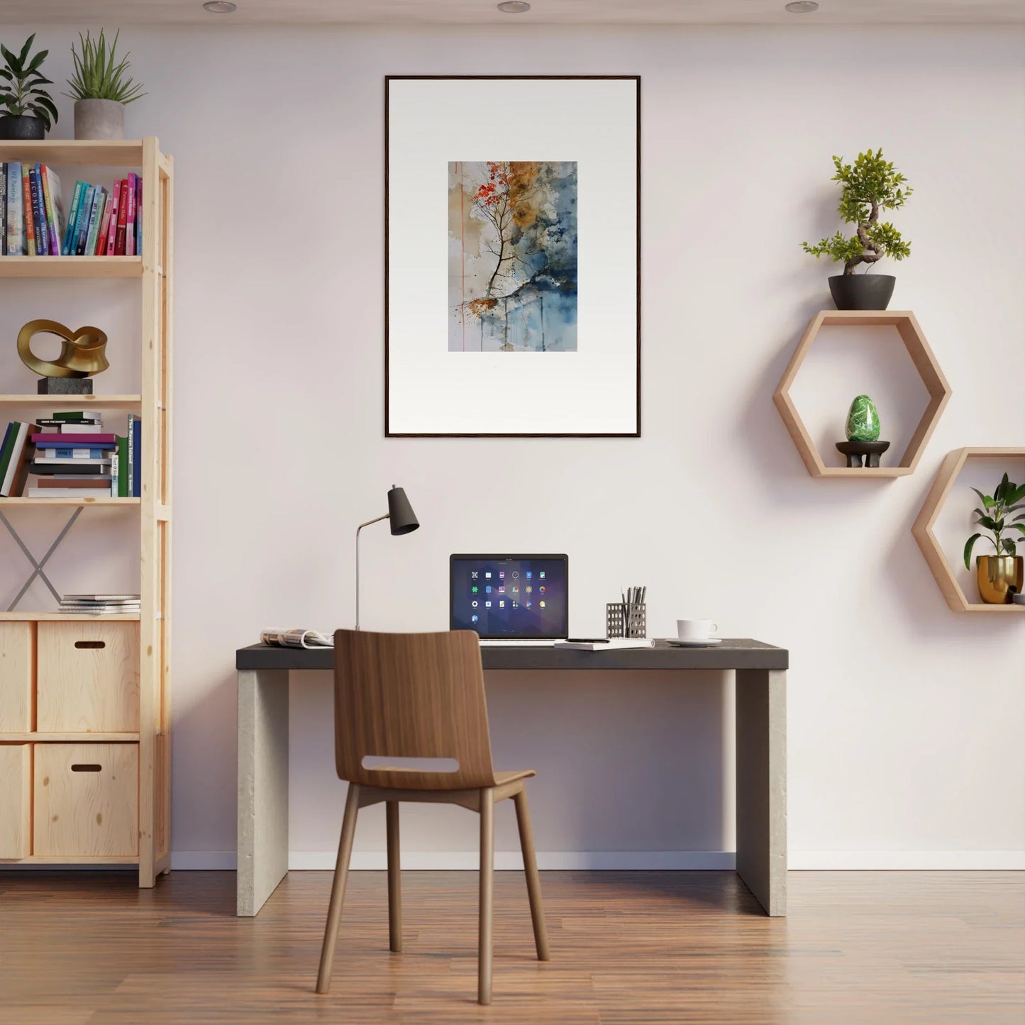 Cozy desk setup with laptop and autumn-themed wall art for stylish room decoration
