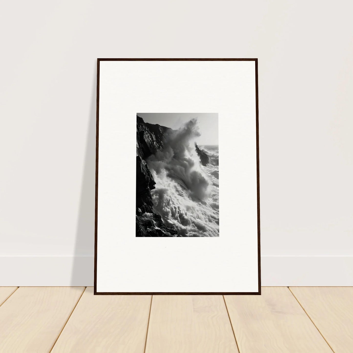 Framed wall art featuring Ephemeral Echoes Surge of crashing waves on cliffs