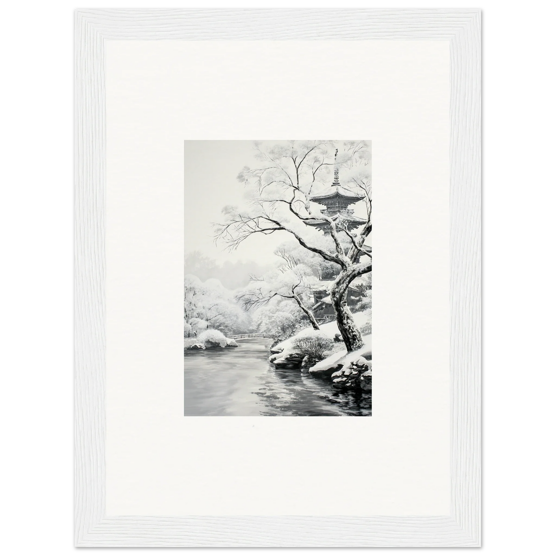 Black and white painting of a snow-covered tree by a river in Metaphysical Winter Reverie