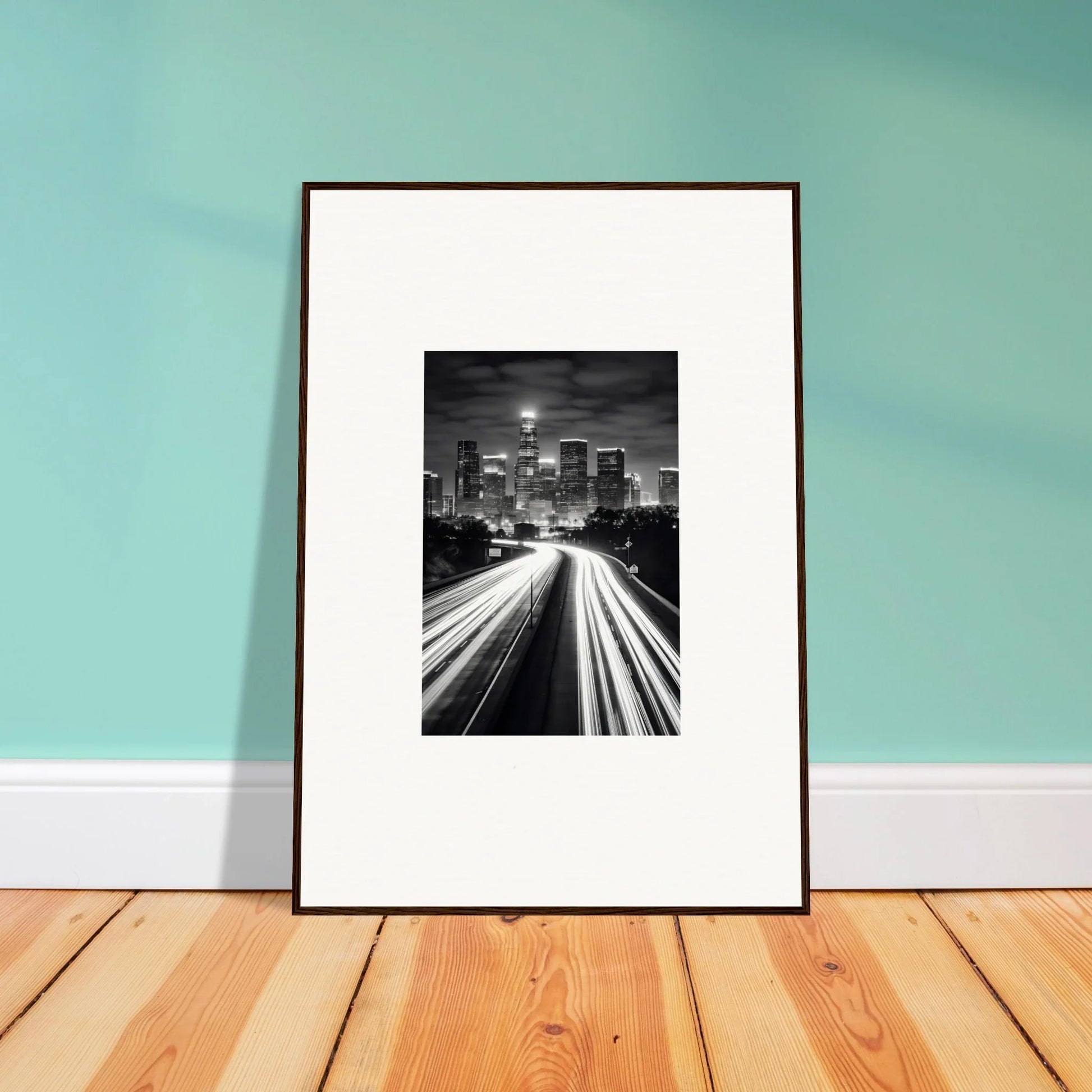 Framed wall art of a city skyline with light trails, perfect for modern decor