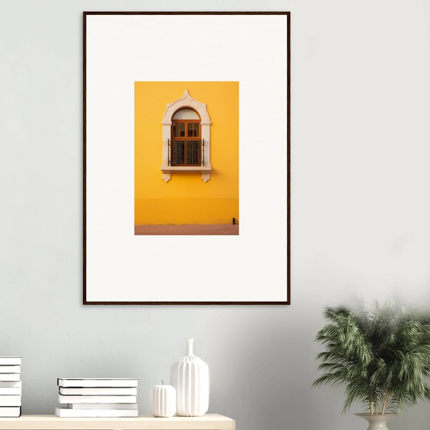 Framed arched window photo on yellow wall from the Golden Portal Reverie collection