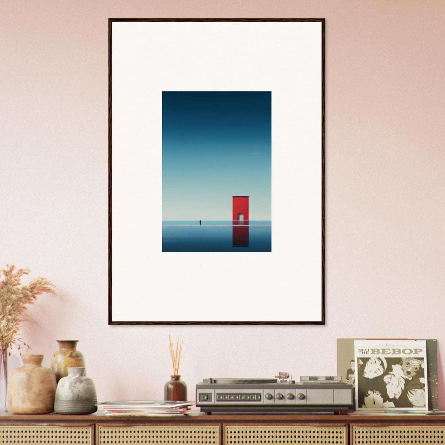 Framed minimalist art print of a red door in blue waters from Open Horizon special edition art™