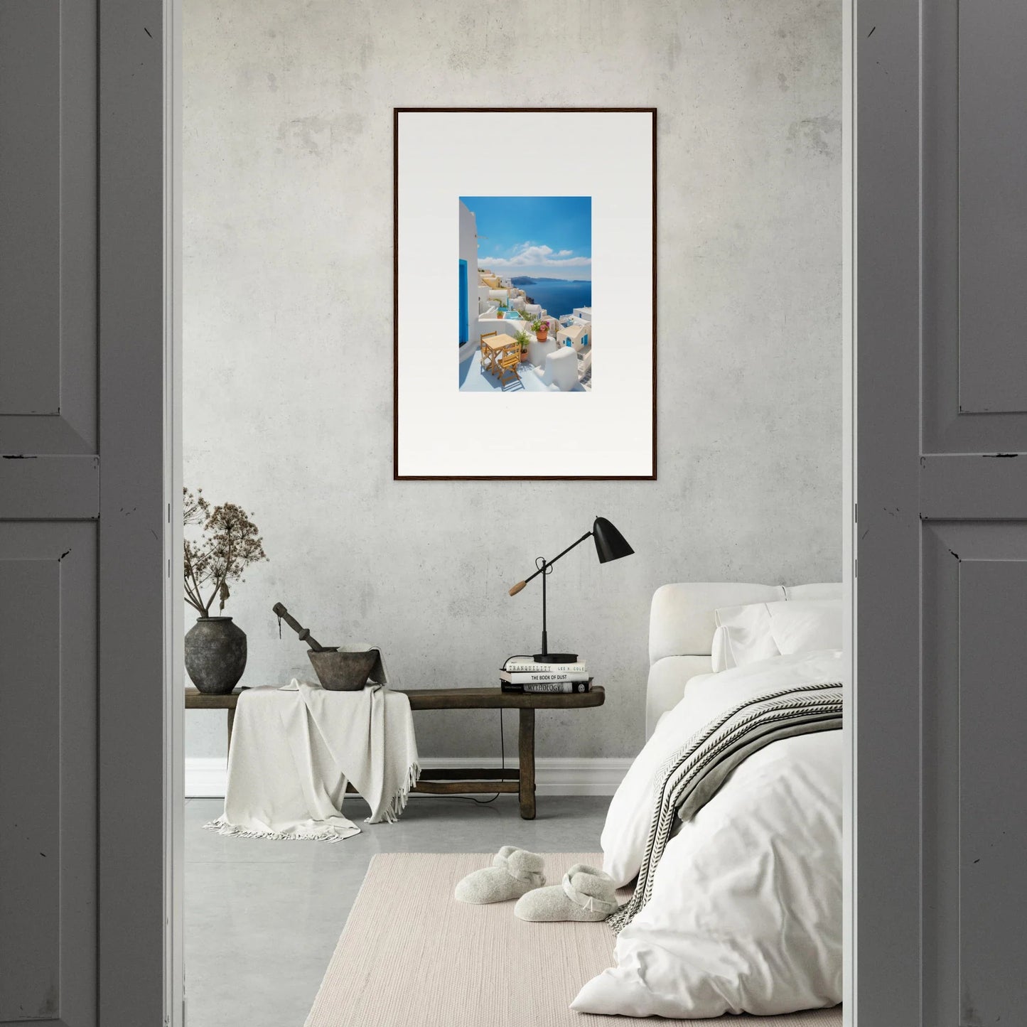Framed poster of Dream-Touched Odyssey, featuring a stunning Mediterranean coastal view
