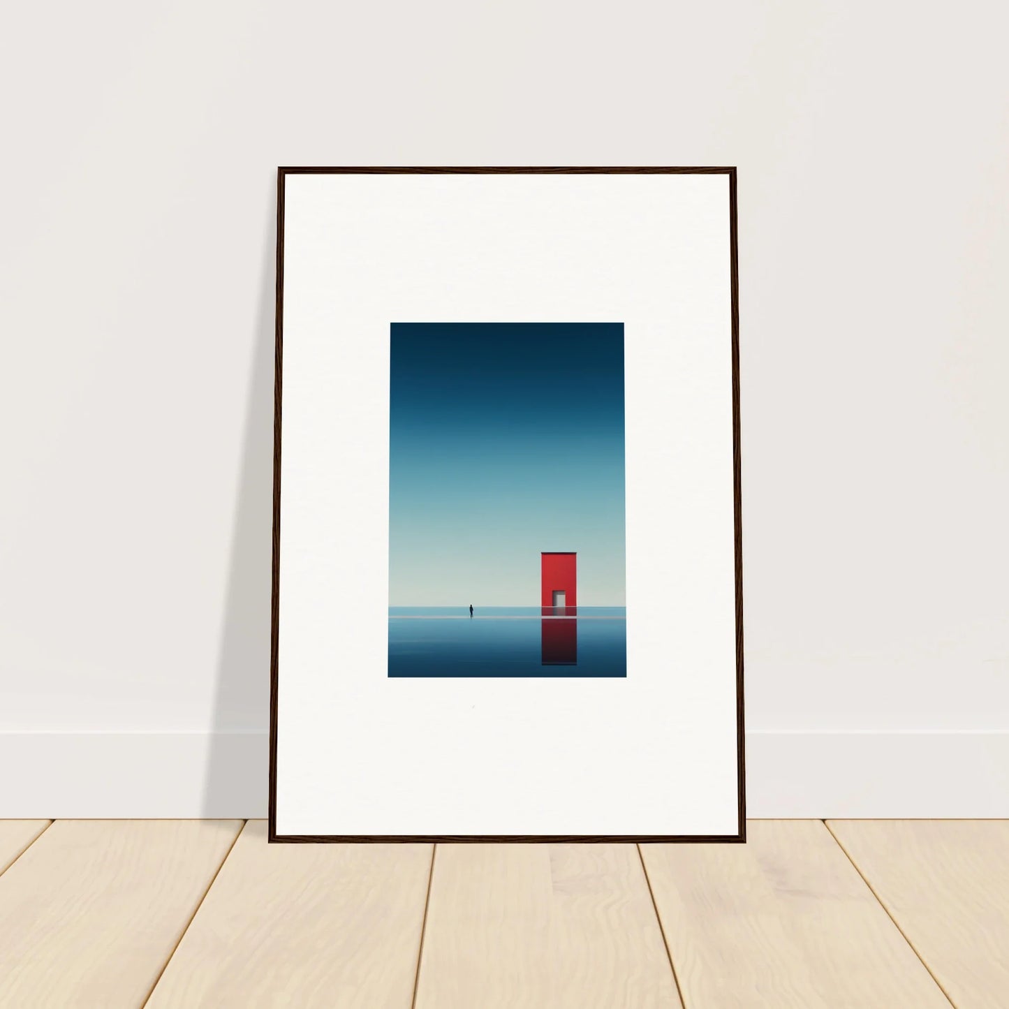 Framed minimalist art of a red phone booth on a blue horizon, Open Horizon special edition art™