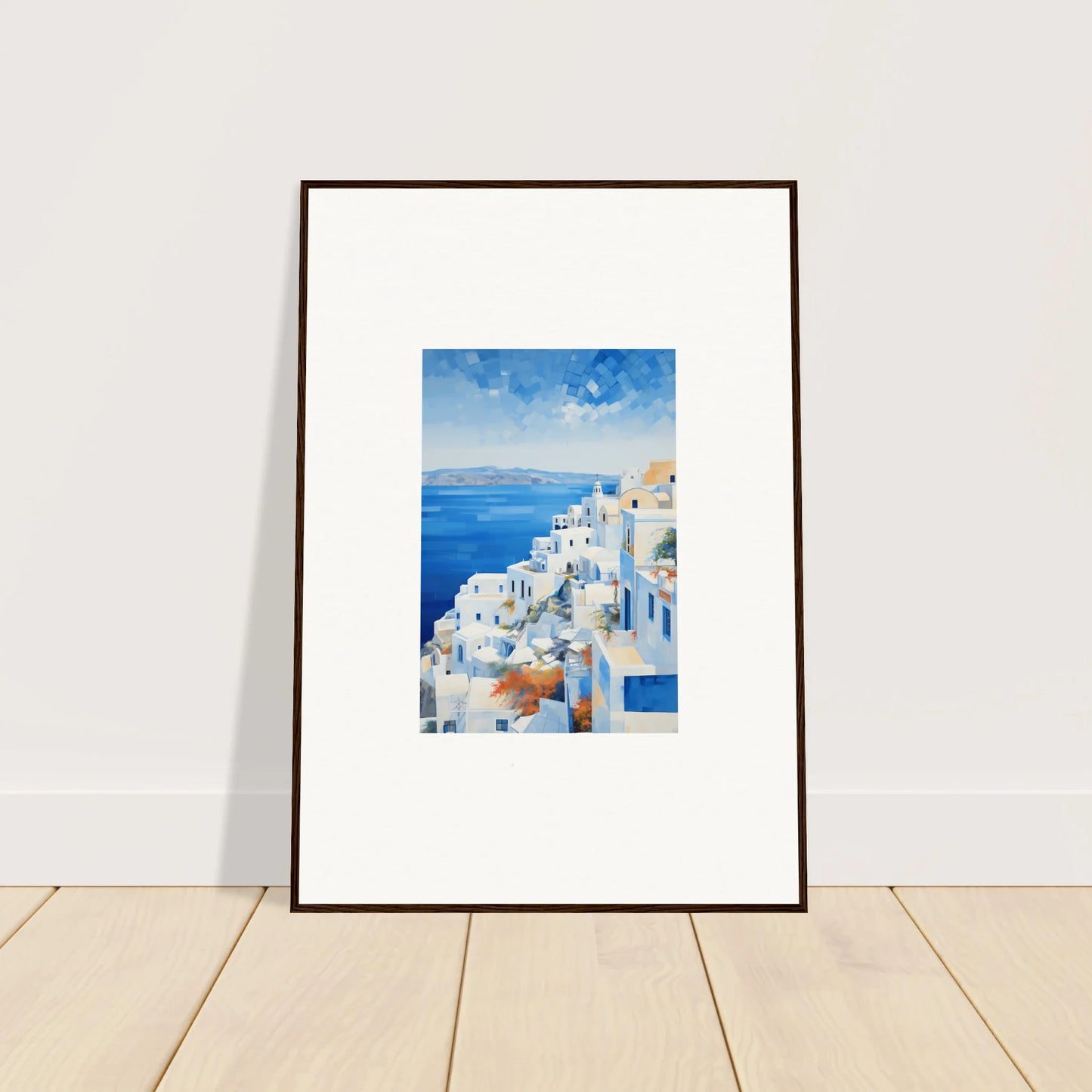 Framed wall art of Santorini’s white buildings and blue domes in Ethereal Azure Echoes