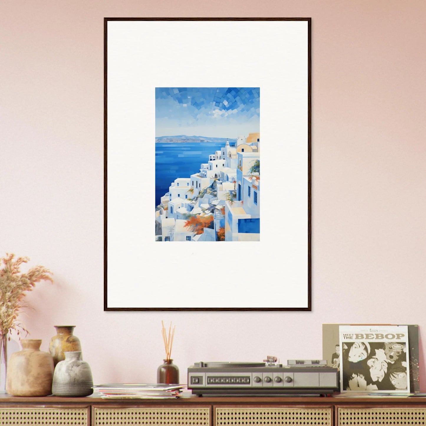 Framed wall art of Santorini’s white buildings and blue domes in Ethereal Azure Echoes