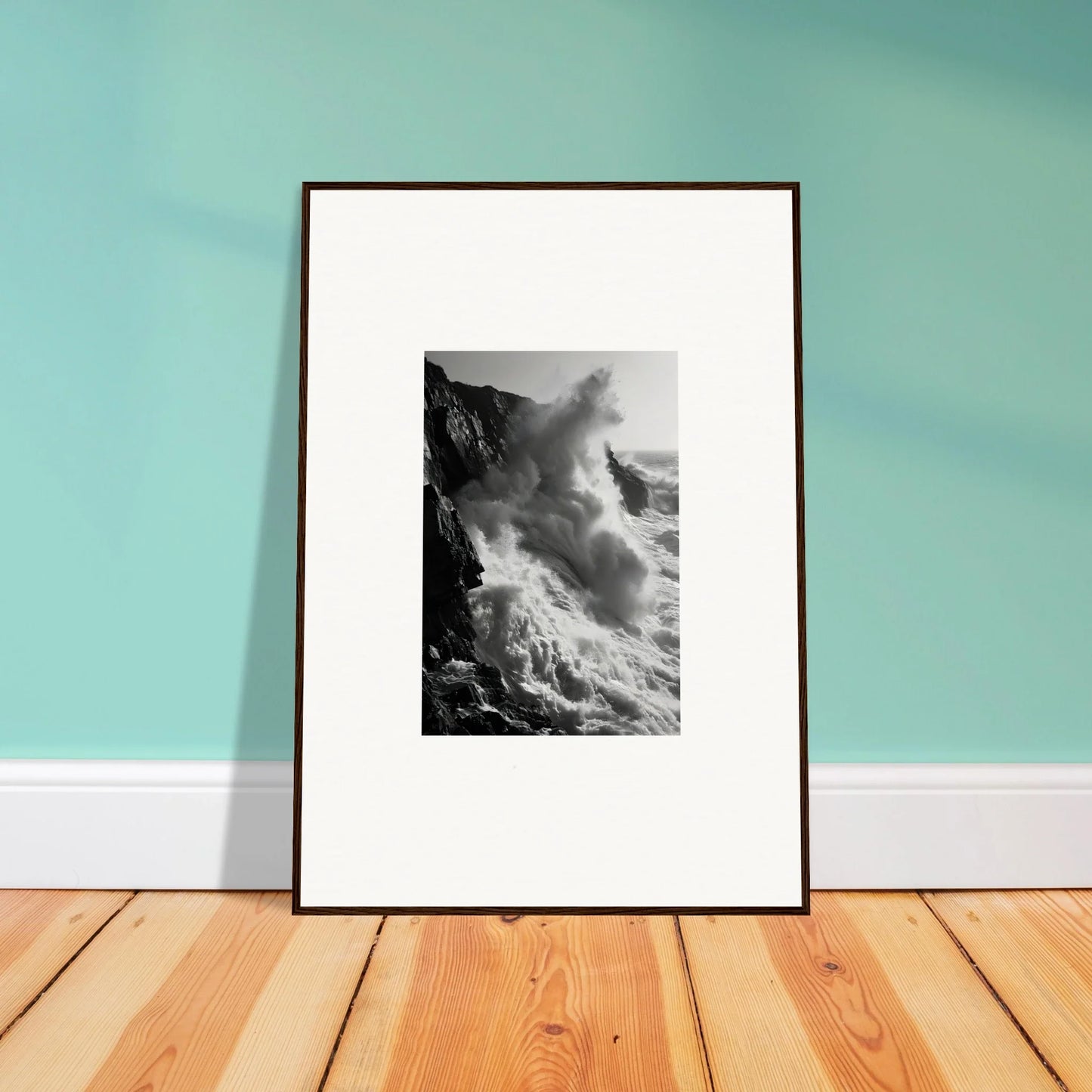 Framed black and white art of ocean waves crashing on cliffs, Ephemeral Echoes Surge