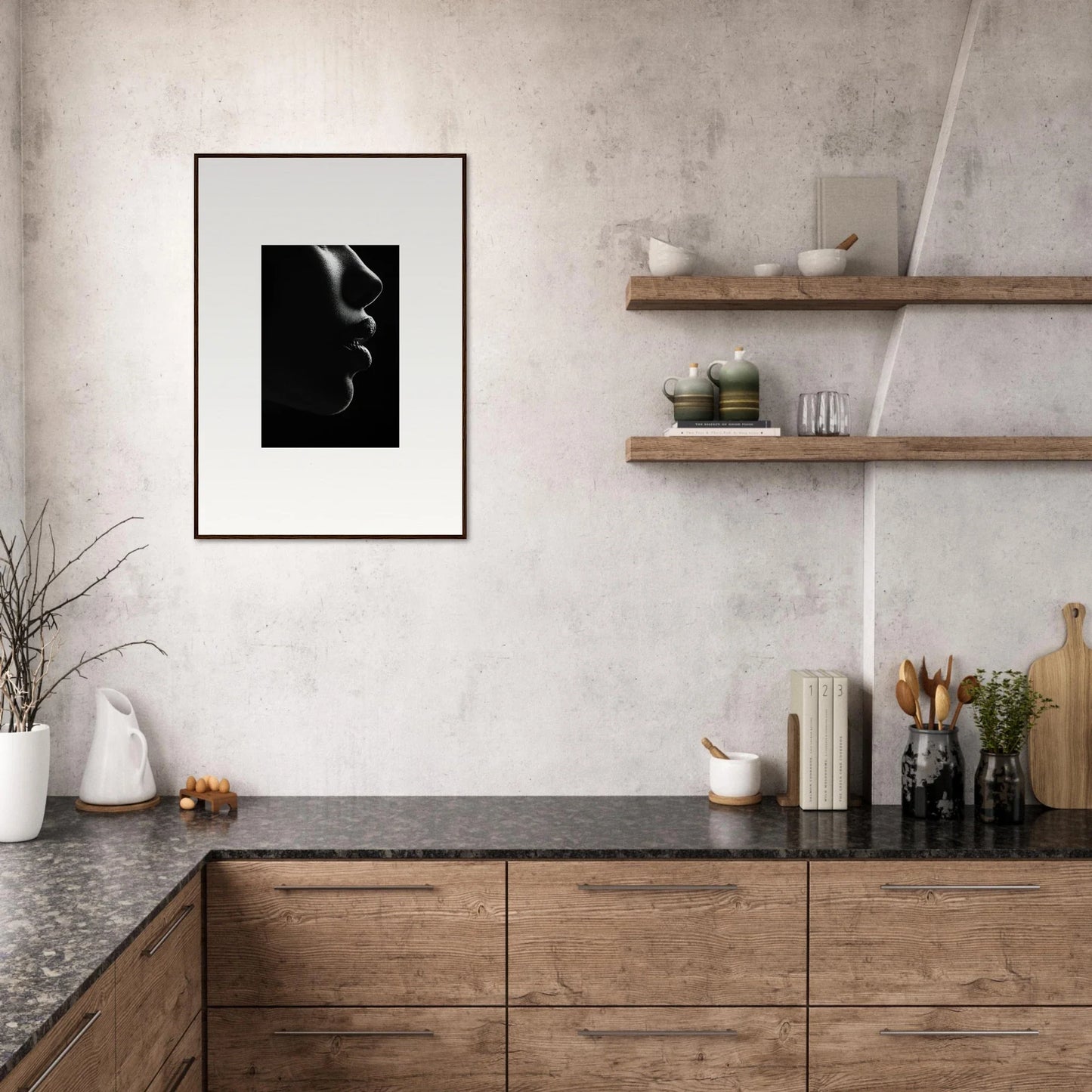 Modern kitchen with wooden cabinets and dark stone countertops, Silver Twilight Whispers art