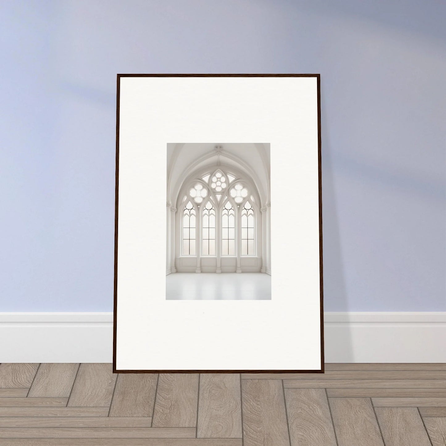 Framed black and white photo of a Gothic church window in Ethereal Light Elegy art