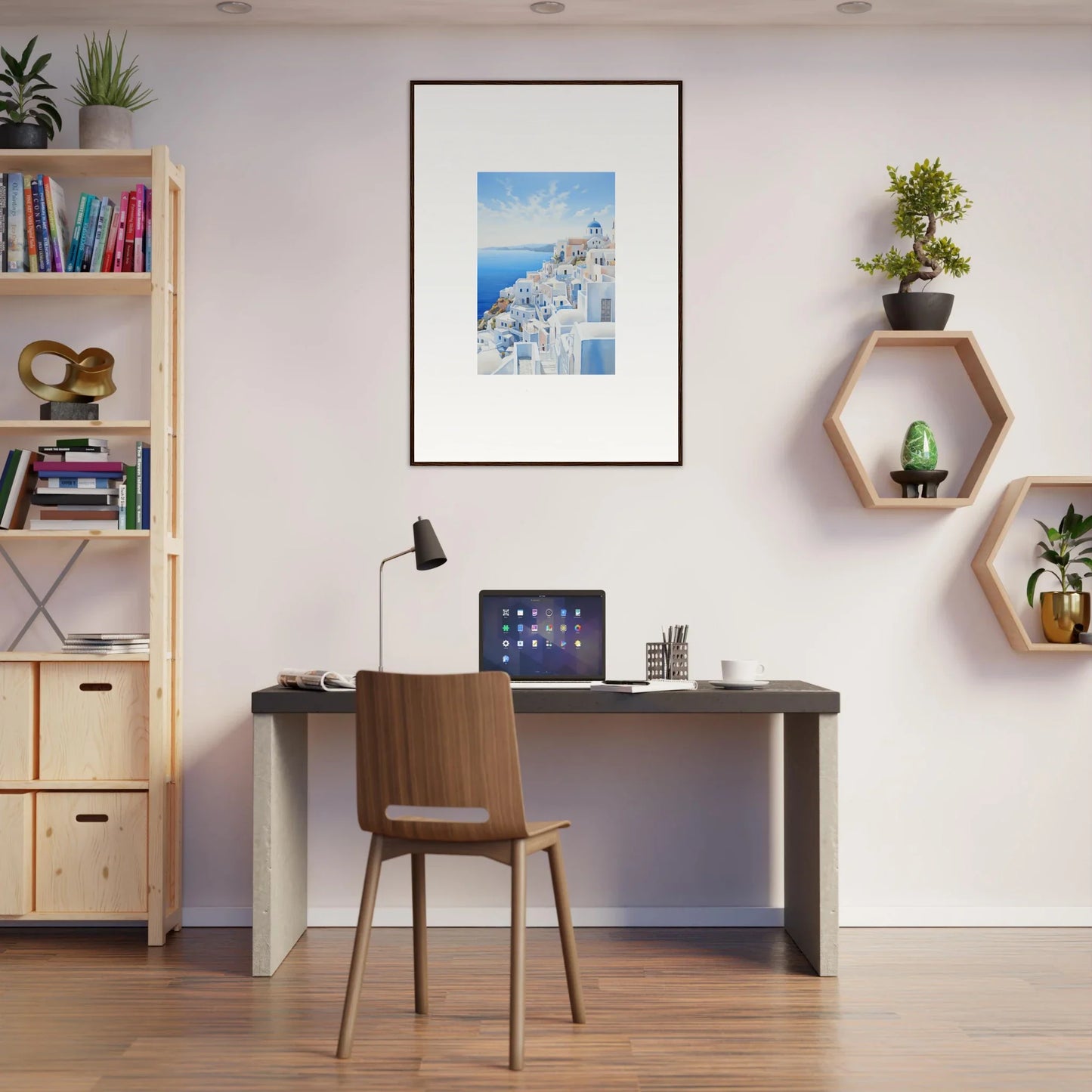 Modern home office with dark desk and wooden chair, featuring Dreams Overlapping Reality art