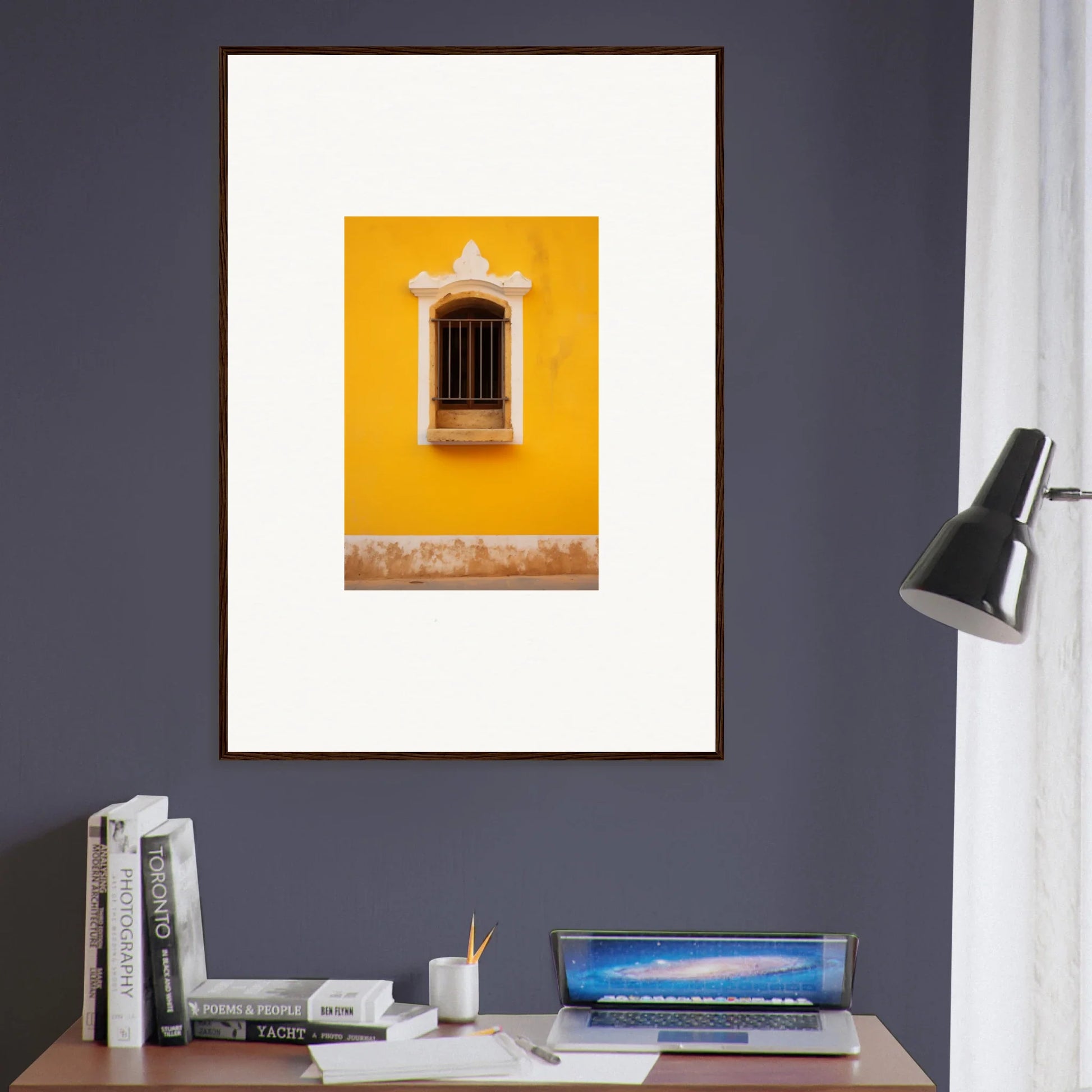 Framed photograph of a barred window on a yellow wall from Daisy Dreamgate Portal