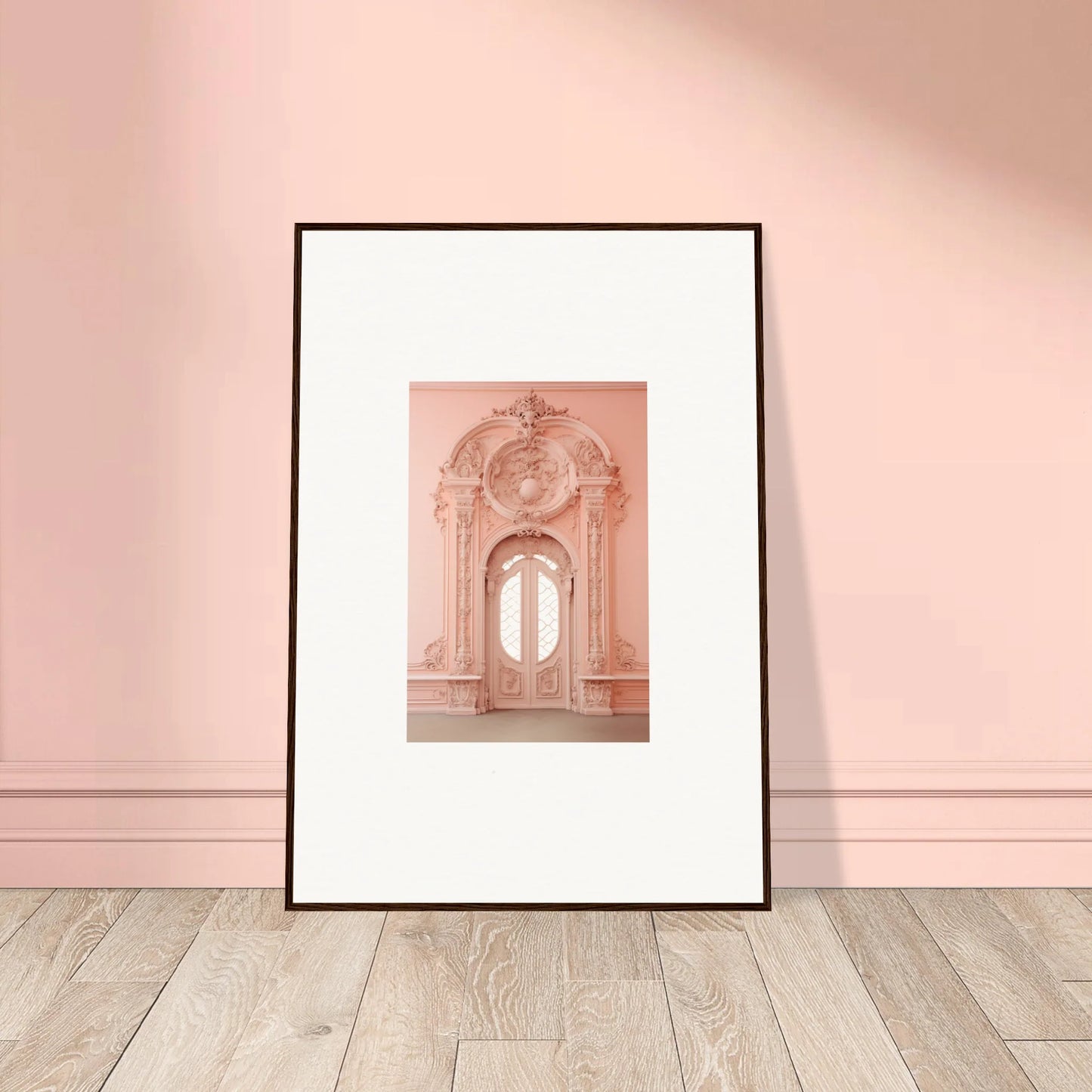 Framed wall art of an ornate pink Baroque doorway from the Ether Pendantia Portal