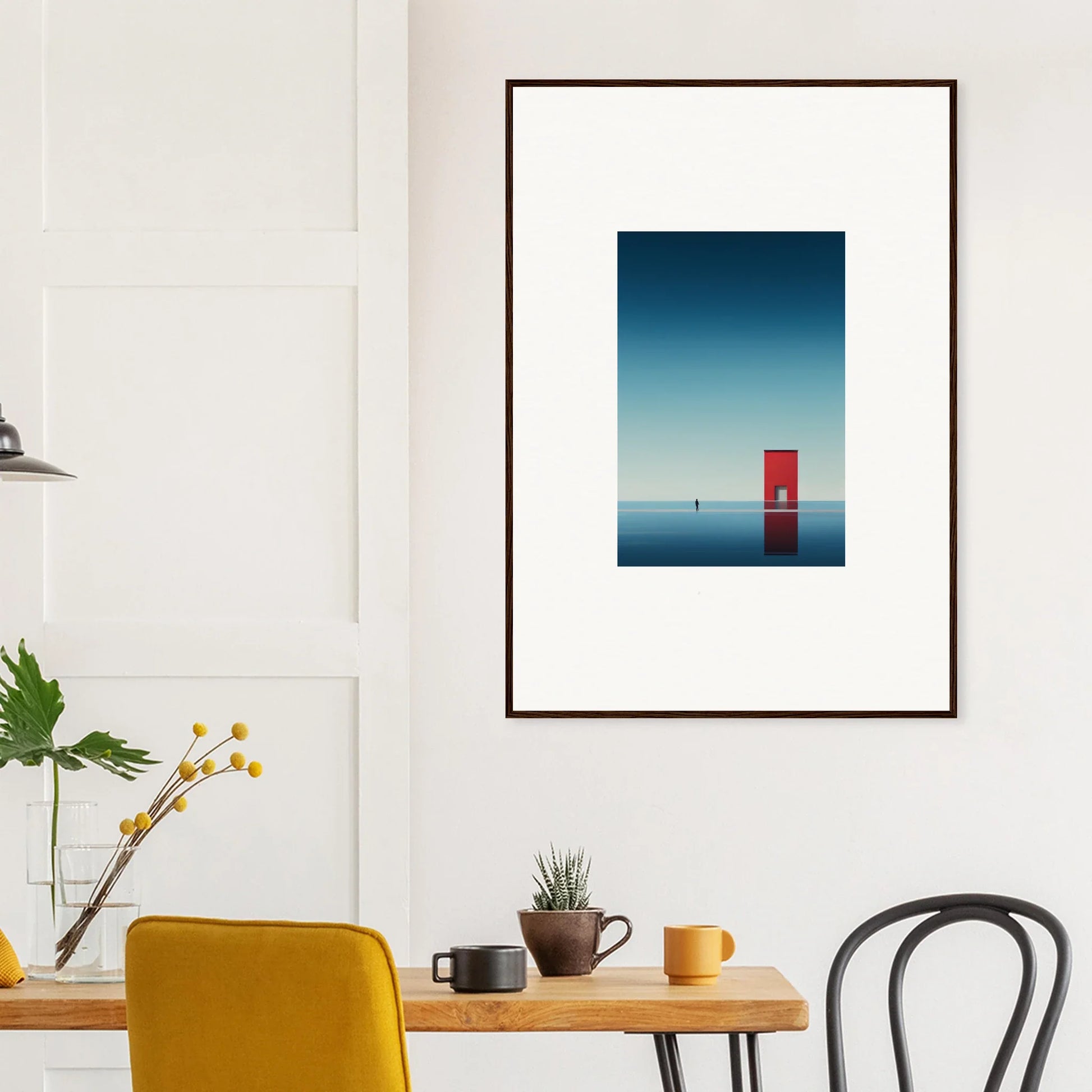 Framed minimalist artwork of a red door on a blue horizon from Open Horizon special edition art™