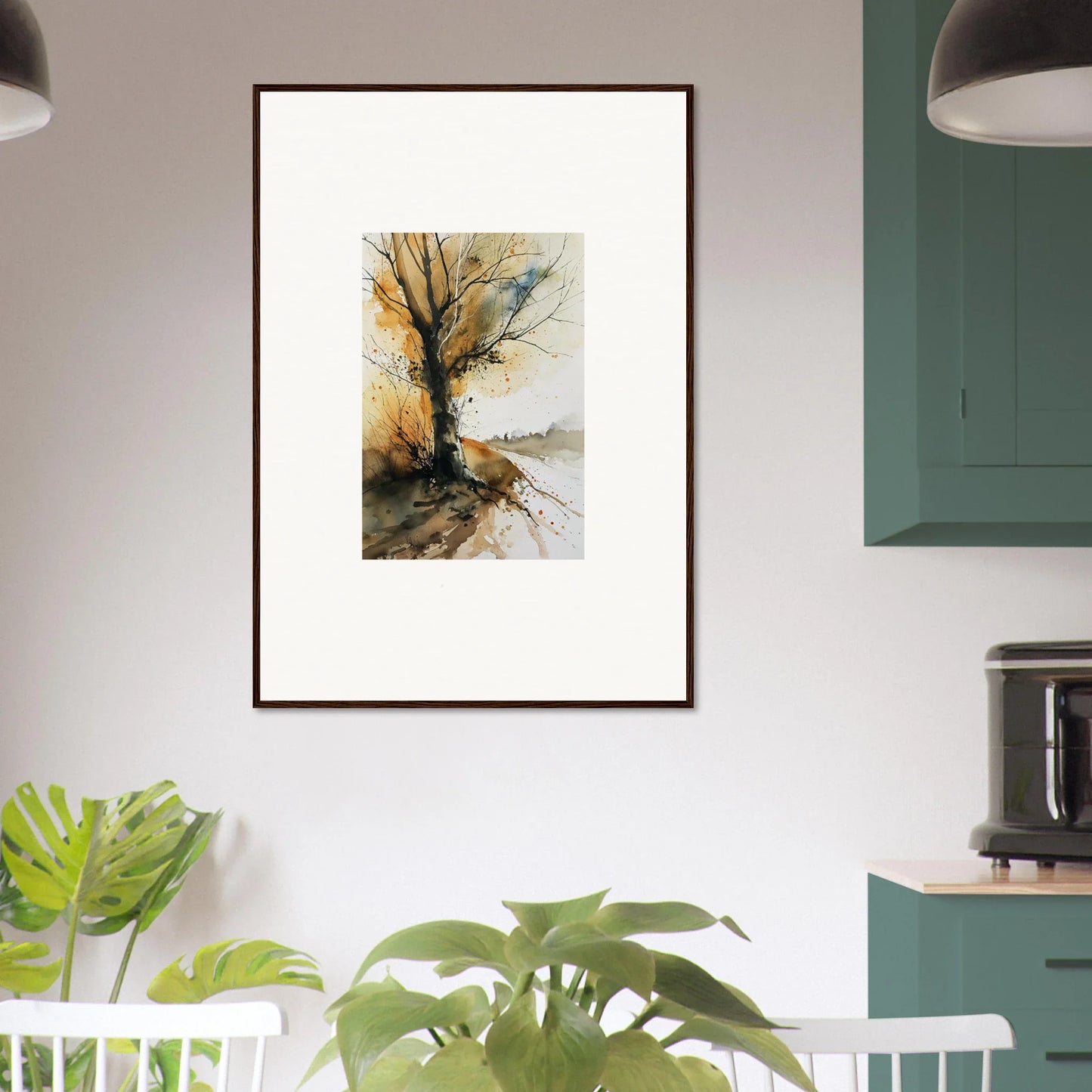 Framed watercolor painting of a tree with autumn colors for cozy room decoration